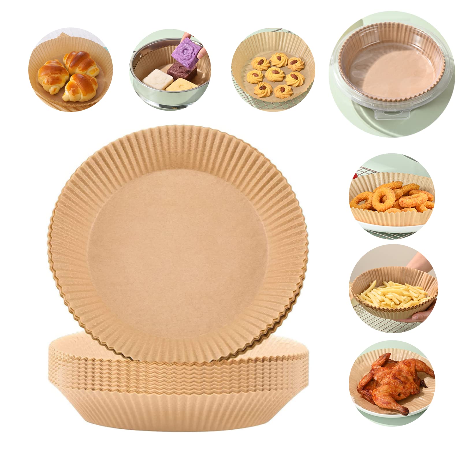 50PCS Disposable Air Fryer Liners Round Non-Stick Parchment Paper - Waterproof Baking Sheets for Air Fryer Basket, Oven & Microwave - Perfect for Roasting, Reheating & Meal Prep