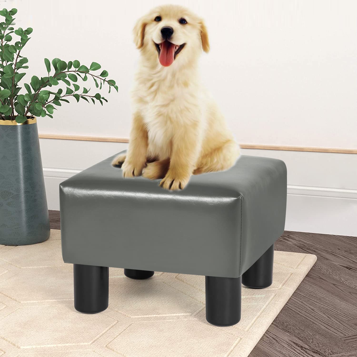 Joveco Small Square Faux Leather Foot Stool Ottoman - Adjustable Foot Rest for Couch, Office & Under Desk - Grey - Perfect for Home, Living Room & Workspace Comfort