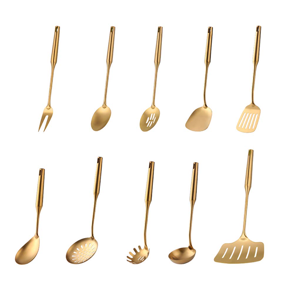 Premium 18/8 Stainless Steel Kitchen Utensil Set - 10 Piece Gold Cooking Tools with Long Handles for Sauteing, Frying & Baking - Dishwasher Safe Non-Slip Kitchenware Gift Set
