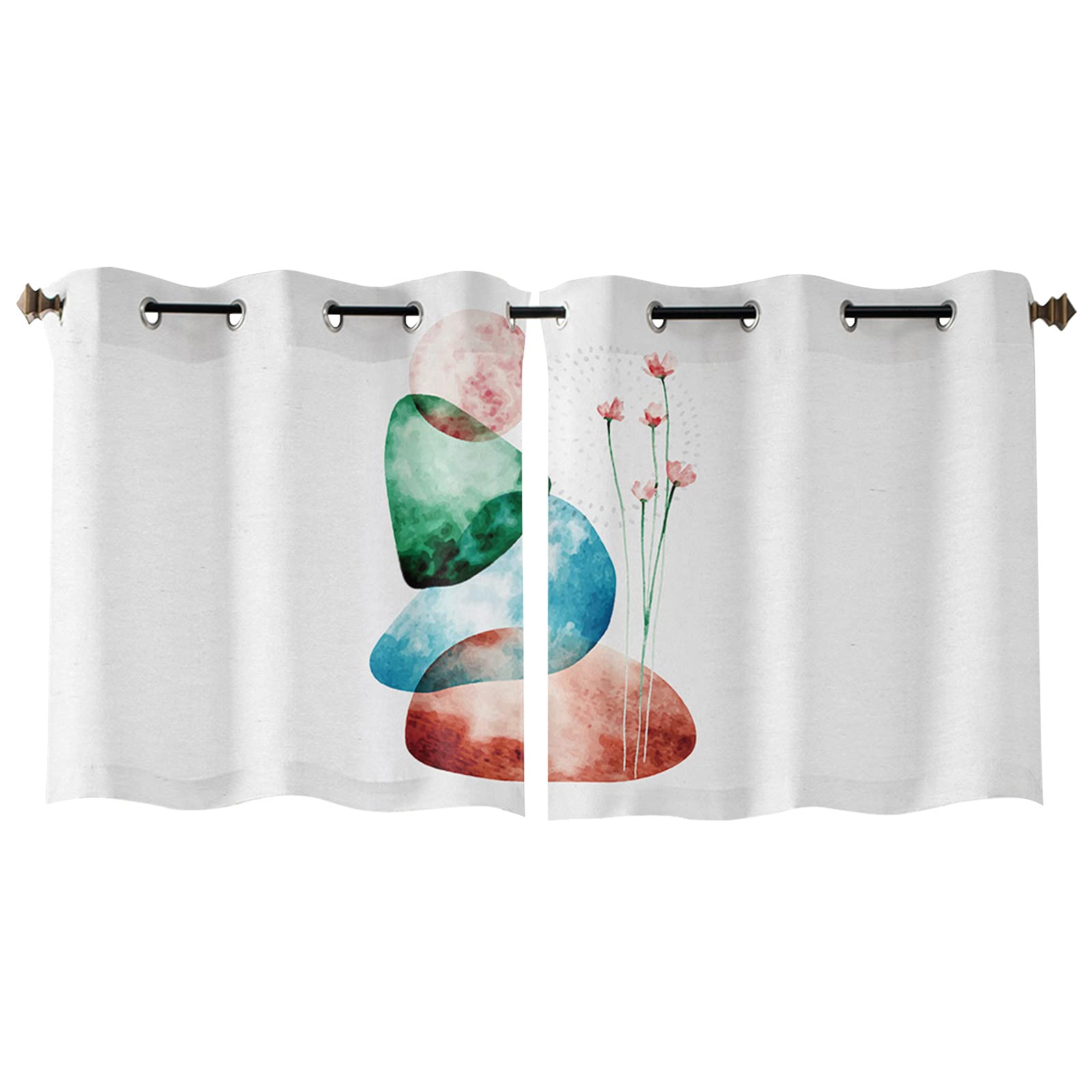 Abstract Watercolor Blue Green Brown Stones & Floral Sheer Curtains - 2 Panels Kitchen Tier Grommet Window Drapes (52 Inch) for Living Room, Bedroom, Patio & Sliding Glass Doors - Light Filtering & Privacy for Home Decor