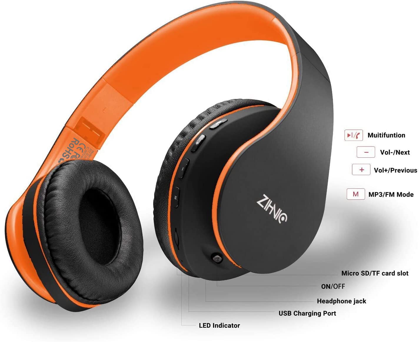 ZIHNIC Bluetooth Over-Ear Headphones Wireless & Wired Foldable Stereo Headset with Micro SD/TF, FM - Lightweight Comfortable Earmuffs for Phone, PC, Gaming, Travel & Work (Orange)