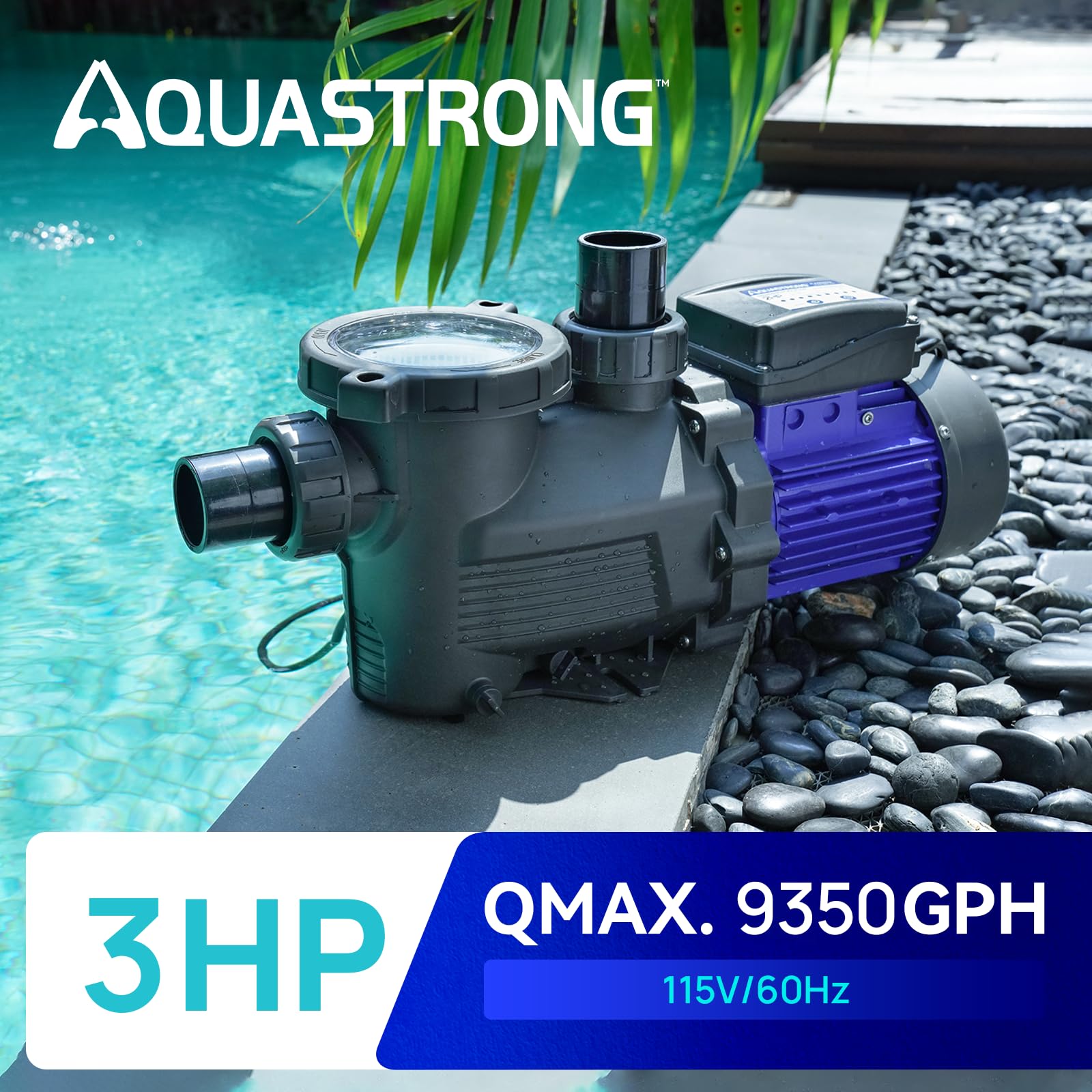 AQUASTRONG 3HP In-Ground & Above Ground Pool Pump with Timer - 115V High Flow (9017GPH) Self-Priming Swimming Pool Pump with Filter Basket - Perfect for Backyard Pools, Spas & Water Circulation Systems
