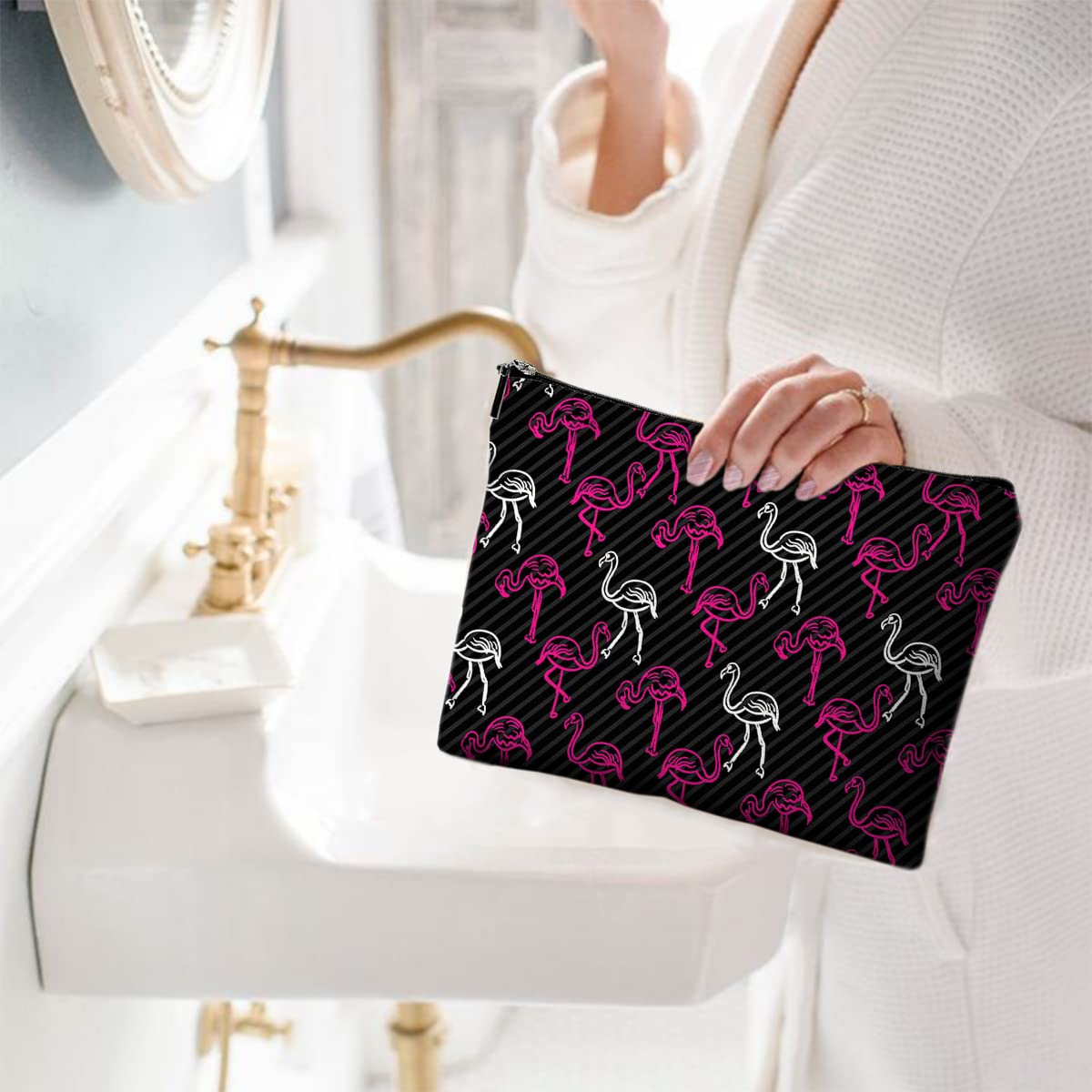 Waterproof Canvas Makeup Bag for Women - Cute Flamingo Cosmetic Pouch with Zipper, Travel Toiletry Organizer | Perfect for Purse, Gym & Vacation Essentials
