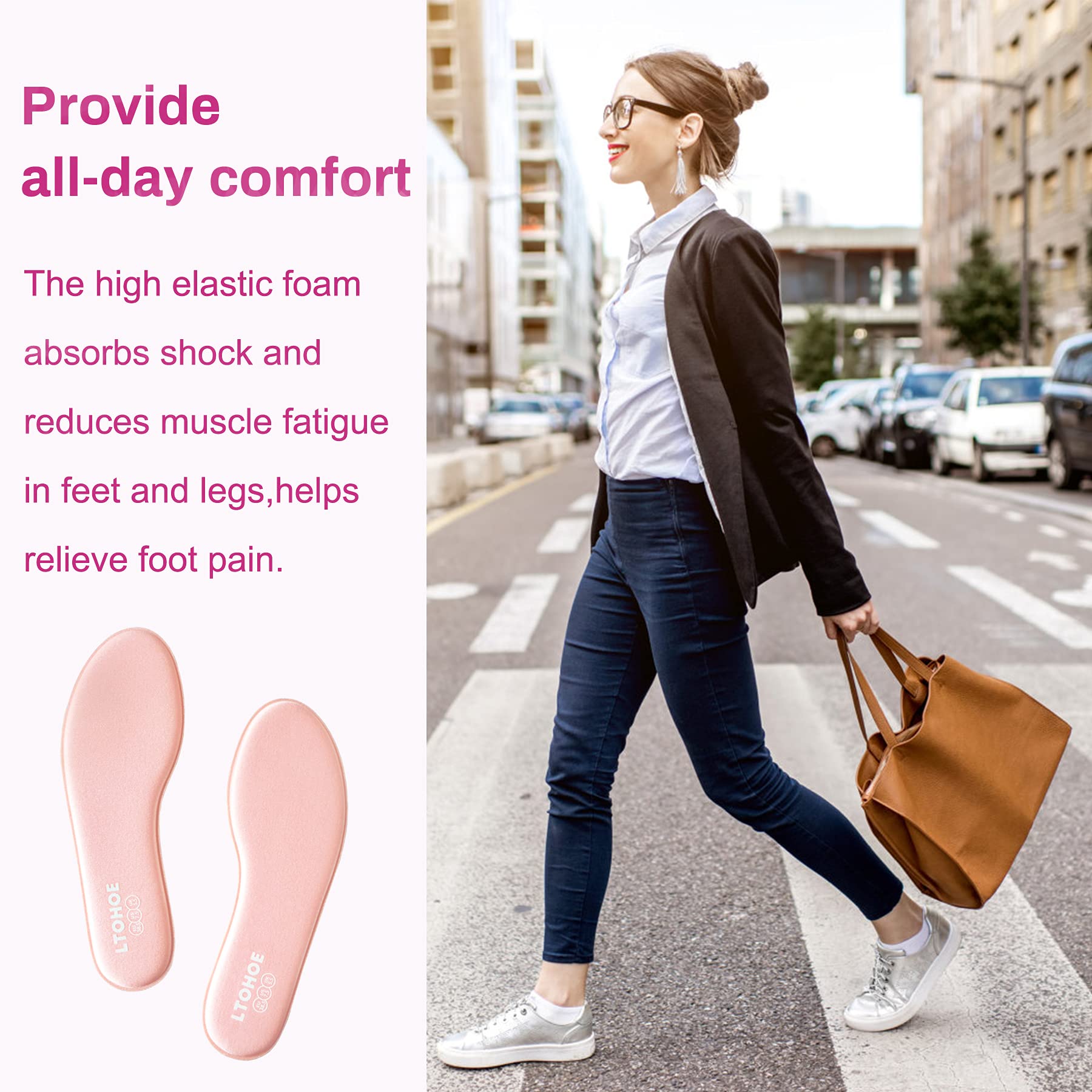 LTOHOE Women's Memory Foam Shoe Insoles - 8mm Cushioned Orthotic Inserts for Running, Hiking & Sneakers - Shock Absorbing Foot Pain Relief - Comfort Inner Soles (Pink, US 7.5) - Perfect for Workouts, Walking & All-Day Comfort