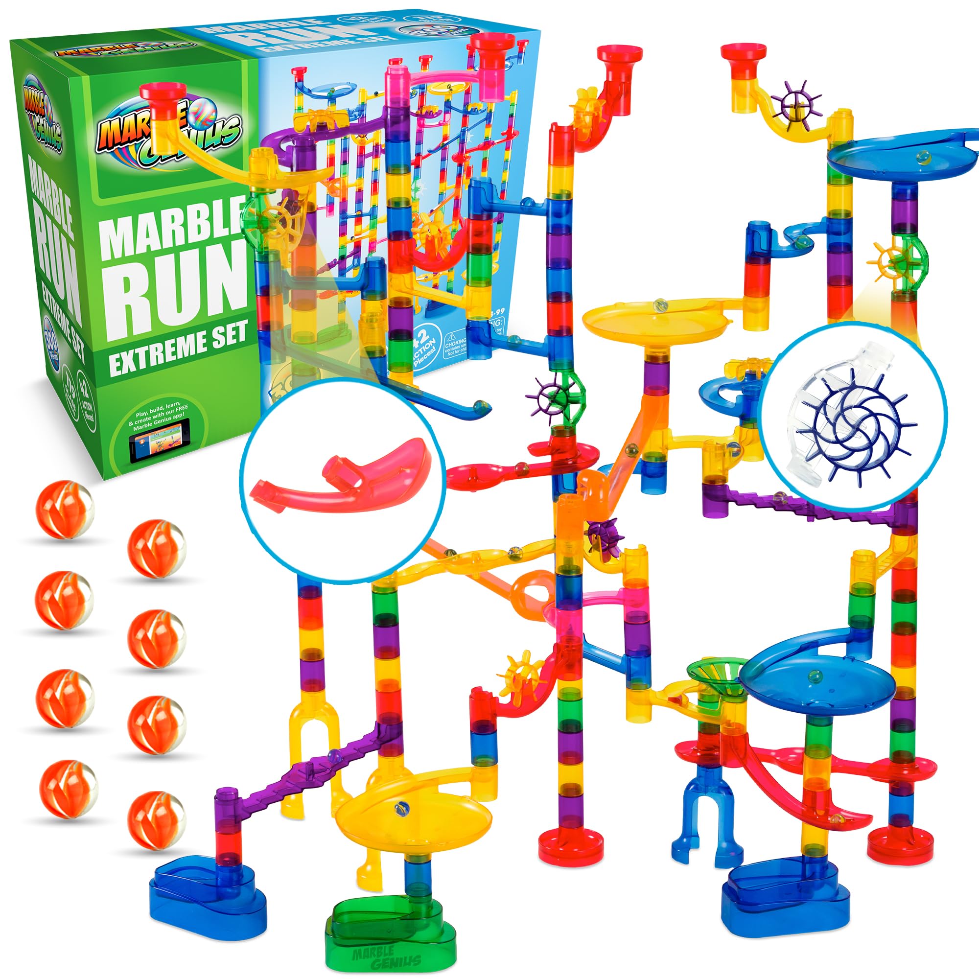 Marble Genius Marble Run Extreme Set - 300 Piece Marble Maze Track for Kids, Teens & Adults (181 Translucent Marbulous Pieces + 119 Glass Marbles) | STEM Educational Toy for Ages 4-8 | Perfect for Birthday Gifts, Classroom Activities & Family Game Night