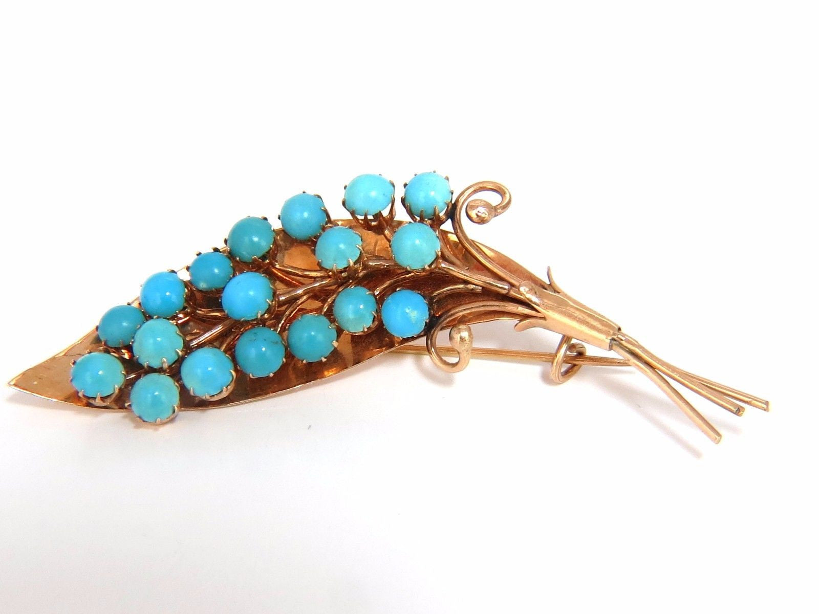 Vintage 1940s Persian Turquoise Leaf Brooch - Handmade 14K Rose Gold Pin - Perfect for Vintage Jewelry Collectors & Special Occasions