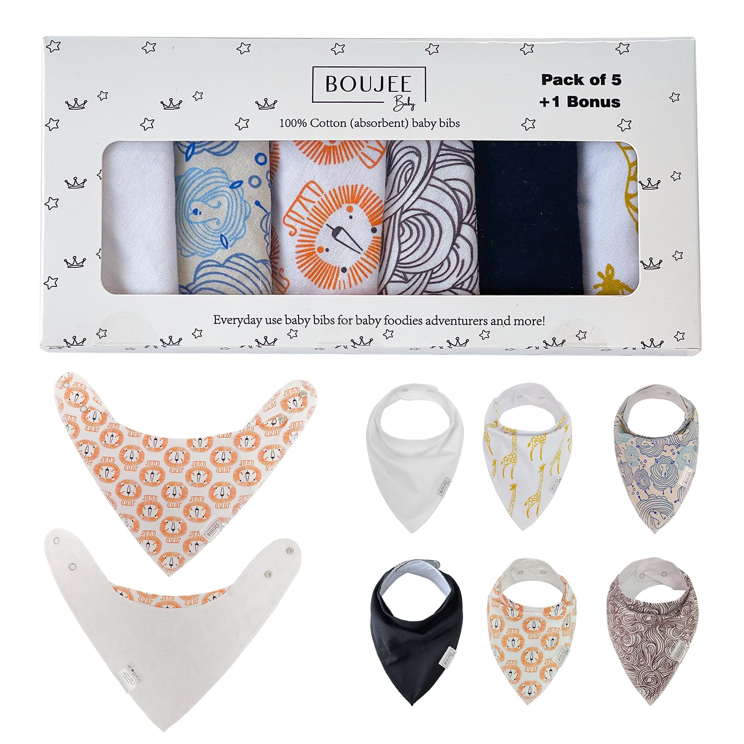 BOUJEE Baby 100% Cotton Adjustable Drool Bibs - Ultra Absorbent, Soft & Flexible for Newborns & Toddlers - Machine Washable, Pack of 6 - Perfect for Feeding, Teething & Messy Playtime