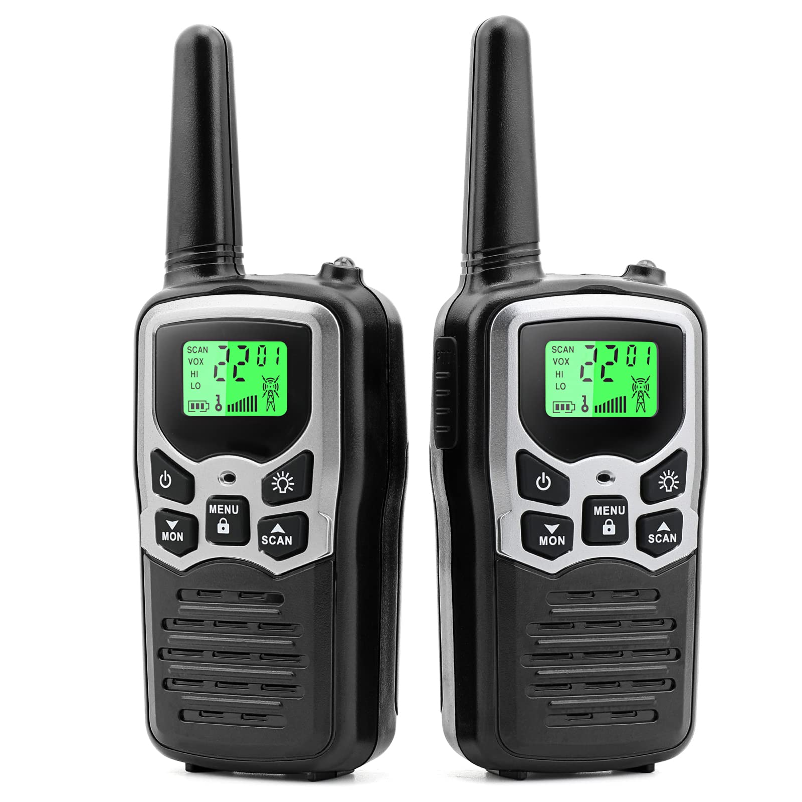 MOICO Long Range Walkie Talkies for Adults - 2 Pack Two-Way Radios with 22 FRS Channels, VOX, Scan & LCD Display, LED Flashlight - Perfect for Outdoor Adventures, Hiking, Camping, Biking & Emergency Survival (Silver)