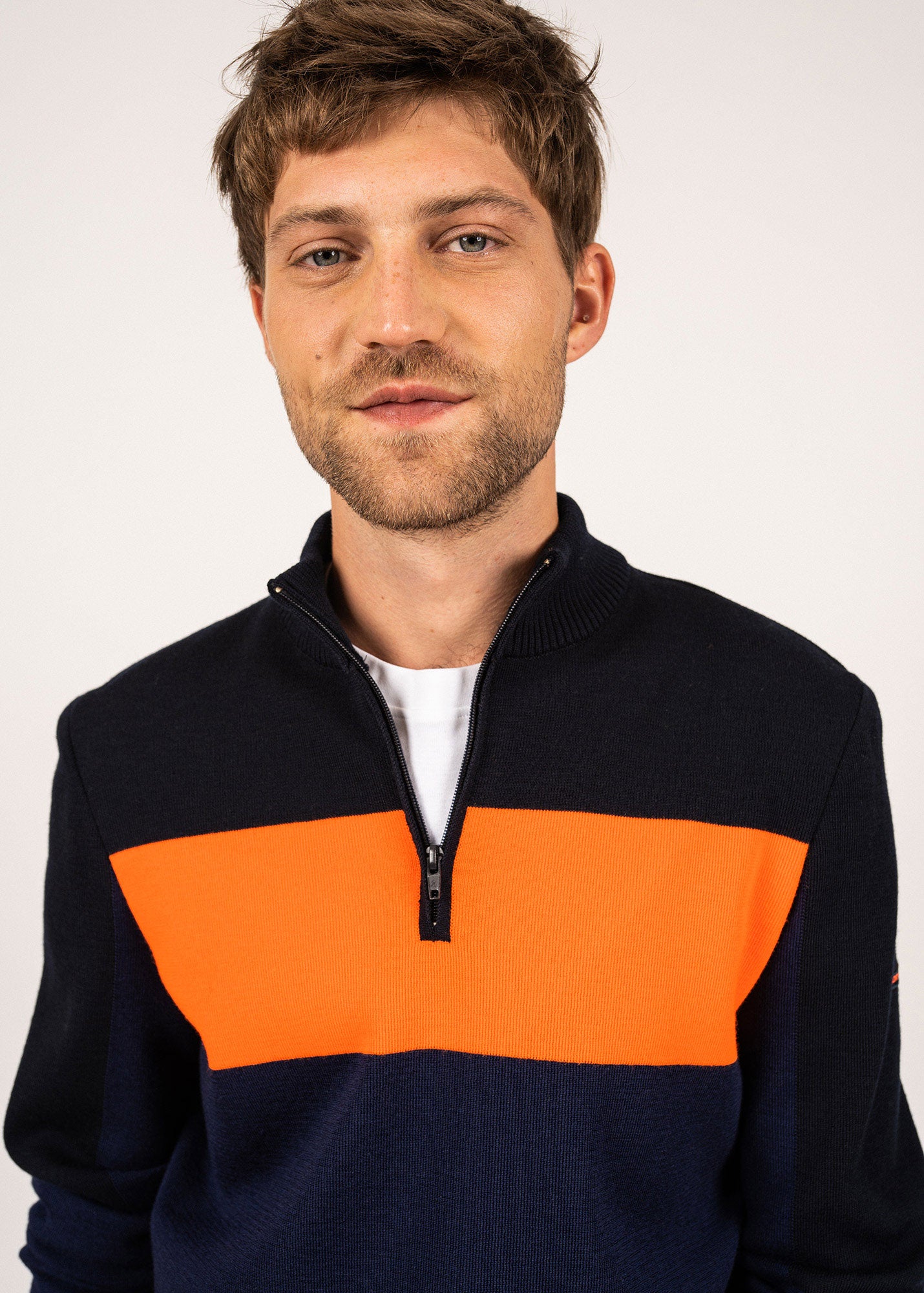 BAYEUX Men's 100% Wool Quarter Zip Sweater | Warm & Comfortable Pullover | Dark Blue, Navy, Neon Orange | Perfect for Outdoor Activities & Casual Wear