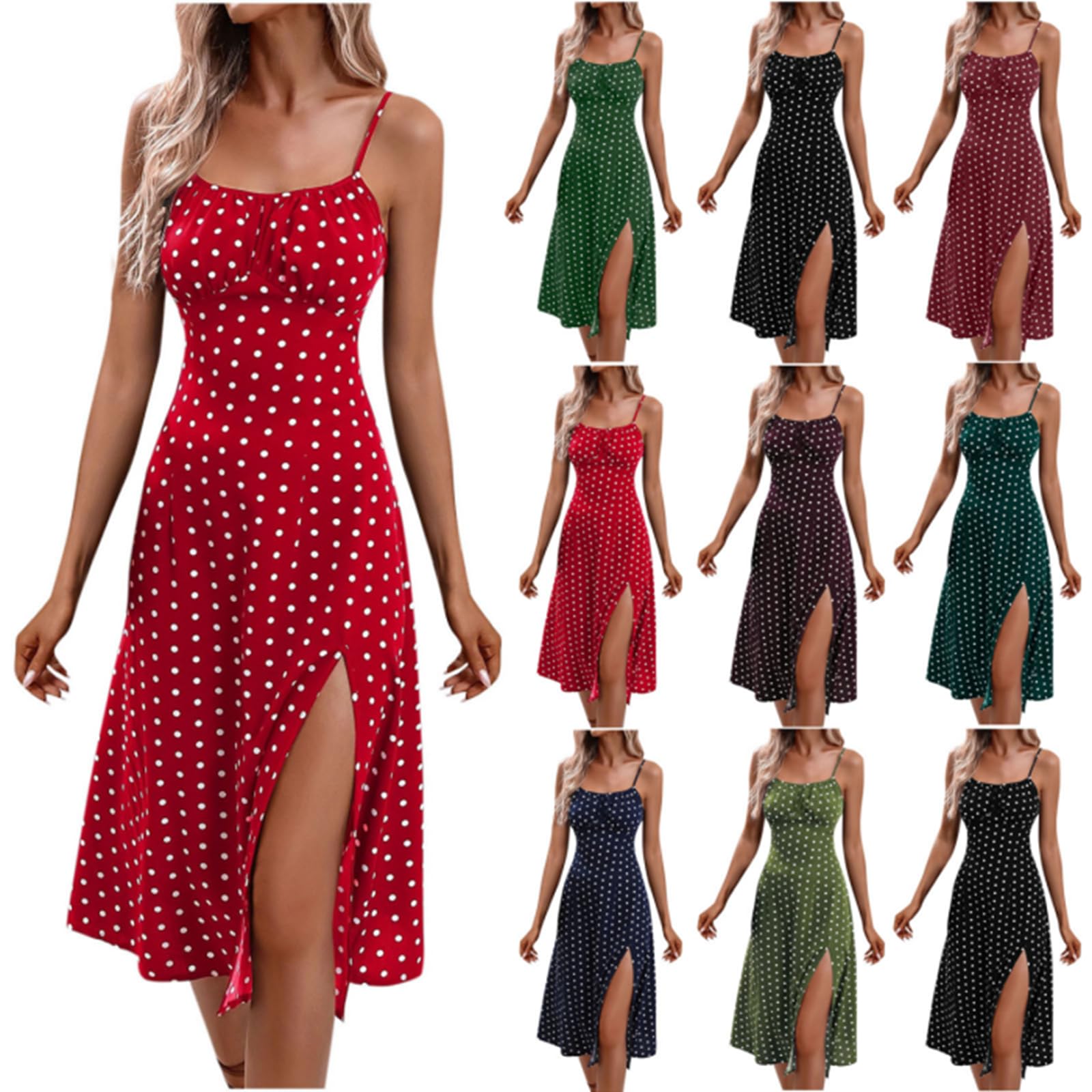 2025 Women's Summer Dresses - Casual Spaghetti Strap Sundress with Polka Dot Print, Slim Fit & Knee-Length Boho Style with Side Slit | Perfect for Beach Vacations, Date Nights & Summer Parties