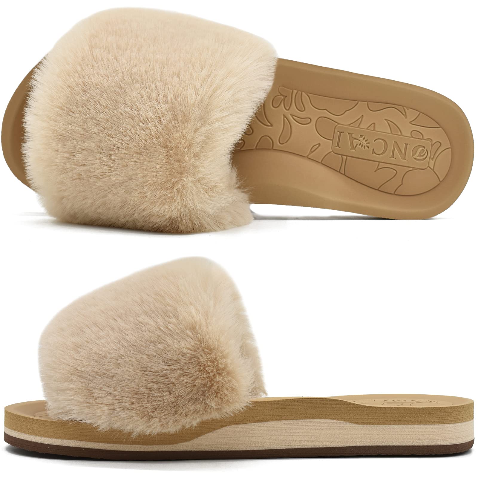 ONCAI Women's Fluffy Slides - Open Toe Faux Fur House Slippers with Cushion Arch Support & Yoga Mat Sole (Size 5-11) - Cozy Indoor/Outdoor Comfort for Lounge, Yoga & Relaxation