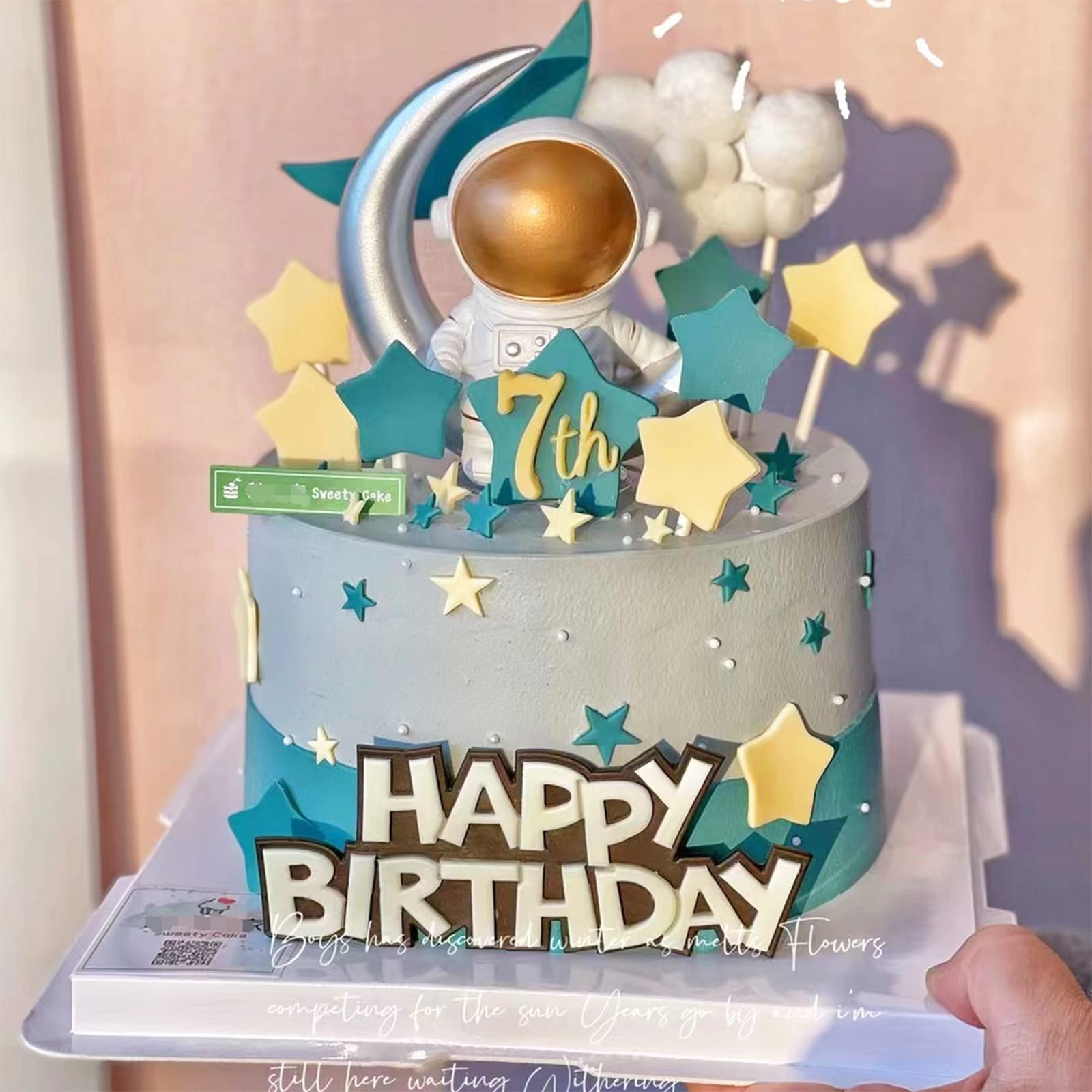 Gold Moon Astronaut Figurine - Resin Spaceman Statue for Cake Topper, Desktop Decor, Space-Themed Bedroom & Craft Gift - Perfect for Birthday Parties, Sci-Fi Room Decor & Collectors (1pc)