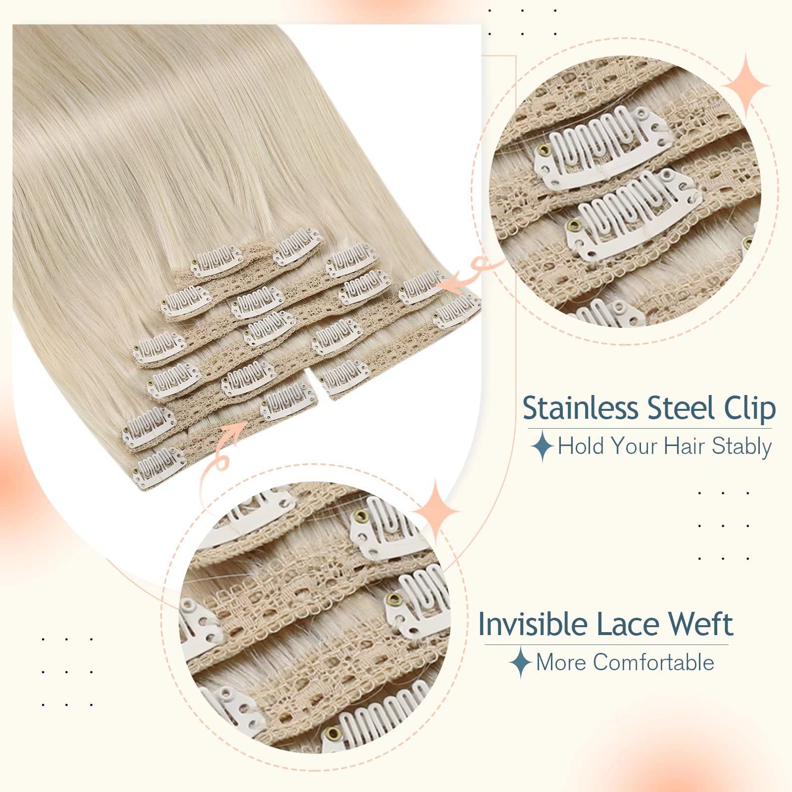 Sunny Fish Line Platinum Blonde Clip-in Hair Extensions #60 - 100g+120g Remy Human Hair, 20 Inch Straight Thick Blonde Extensions for Full Head | Perfect for Parties, Weddings & Daily Styling