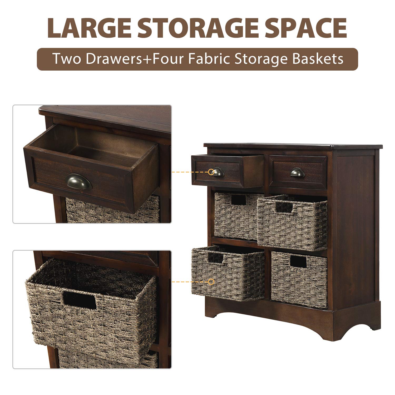 Rustic Wood Storage Cabinet with 2 Drawers & 4 Rattan Baskets - Entryway Table for Kitchen, Dining Room, Living Room - Perfect for Home Organization & Farmhouse Decor (Espresso Finish)
