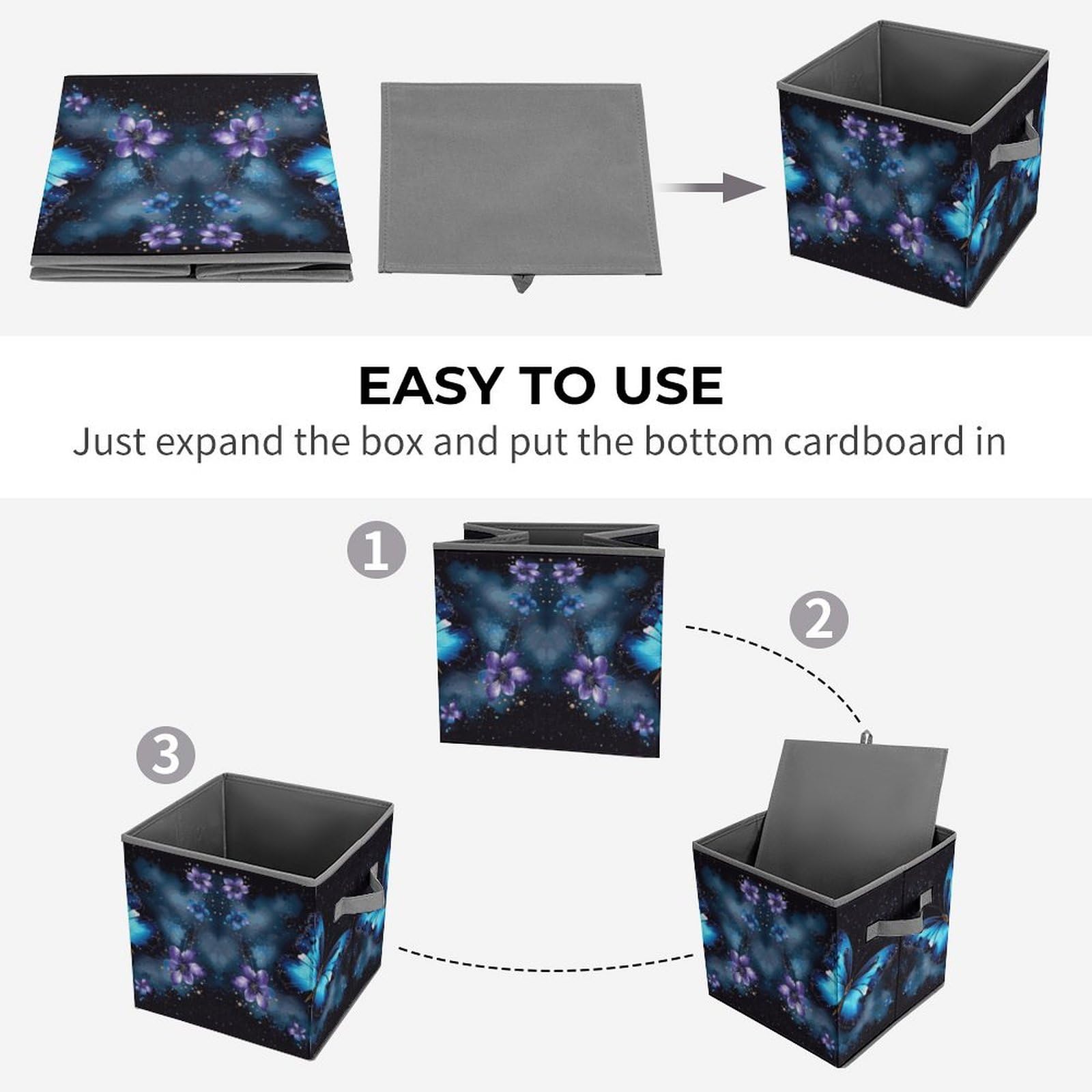 Collapsible Storage Bins with Handles - Galaxy Blue Butterfly Print for Home & Office Organization
