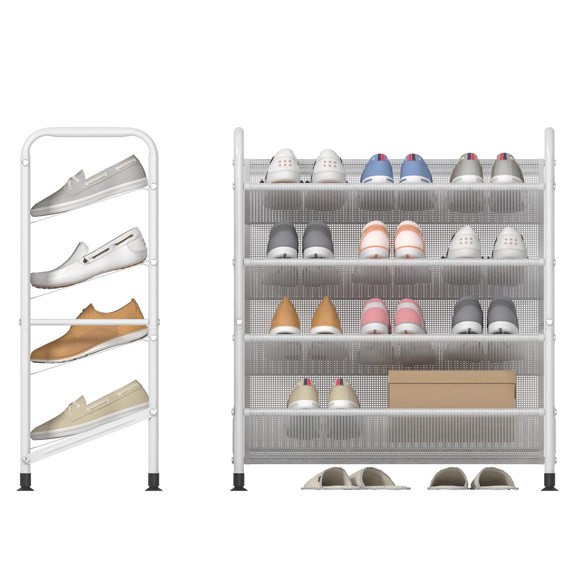 4-Tier Metal Shoe Rack Organizer - Space Saving Narrow Shoe Shelf for Closet, Entryway, Hallway & Dorm Room - Durable Mesh Fabric Design (White) - Perfect for Small Spaces & Apartment Living