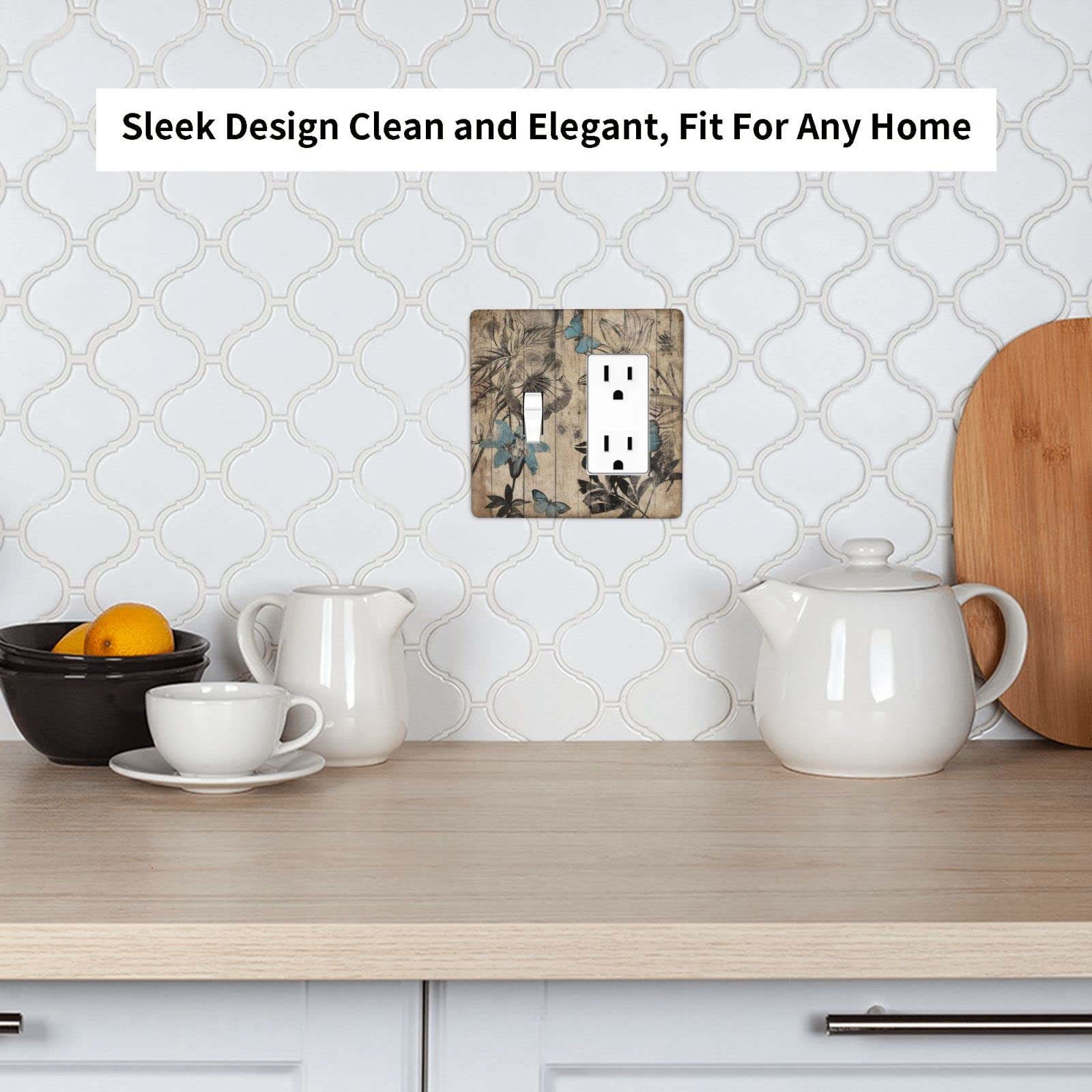 Blue Wood Floral 2-Gang Combination Light Switch Cover - Decorative Plastic Wall Plate & Outlet Cover for Electrical Decor - Perfect for Kids Bedroom, Bathroom & Home Interior Design