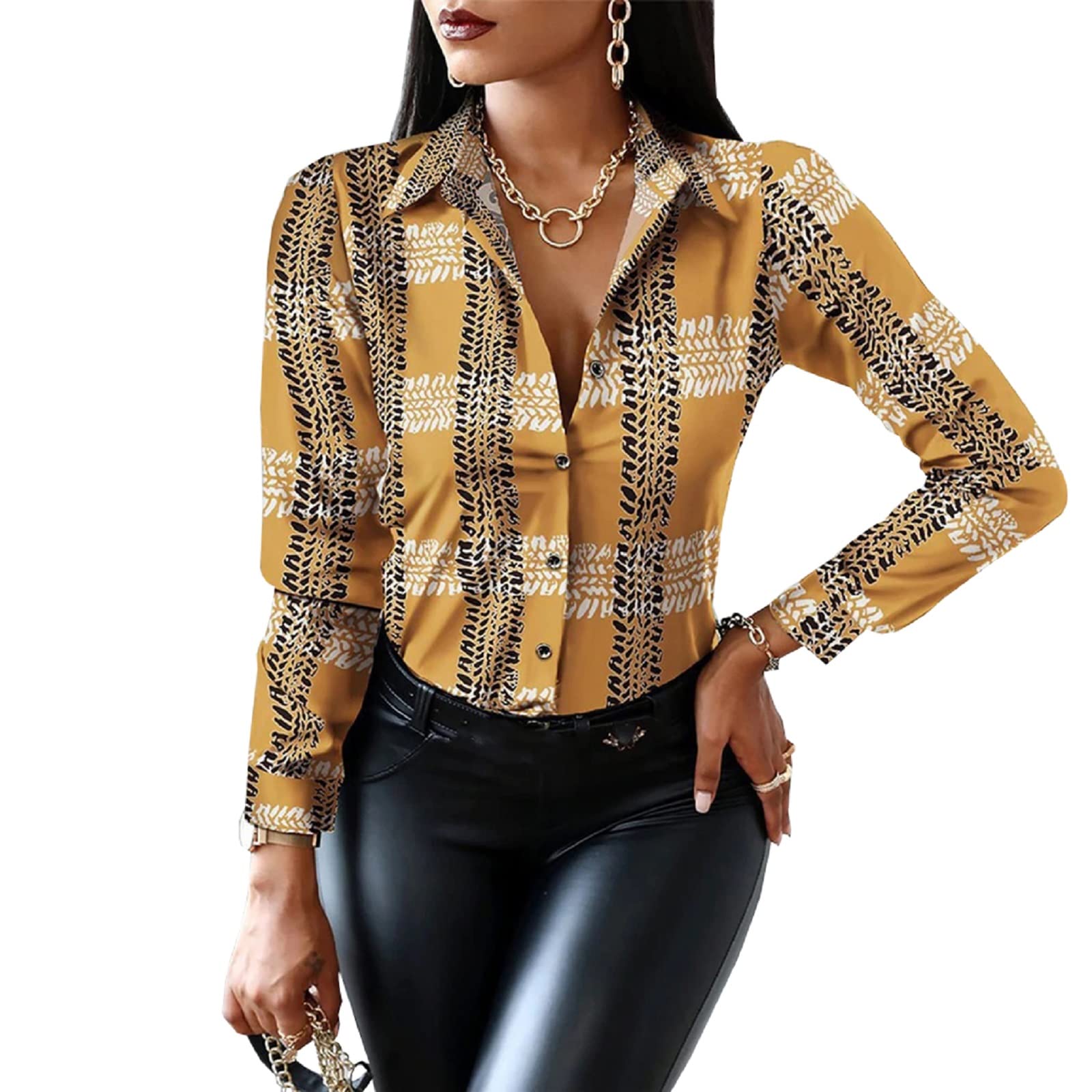 Women's Floral V-Neck Long Sleeve Button Down Blouse Shirt Dress - Elegant Collar Top for Office, Date Night & Special Occasions
