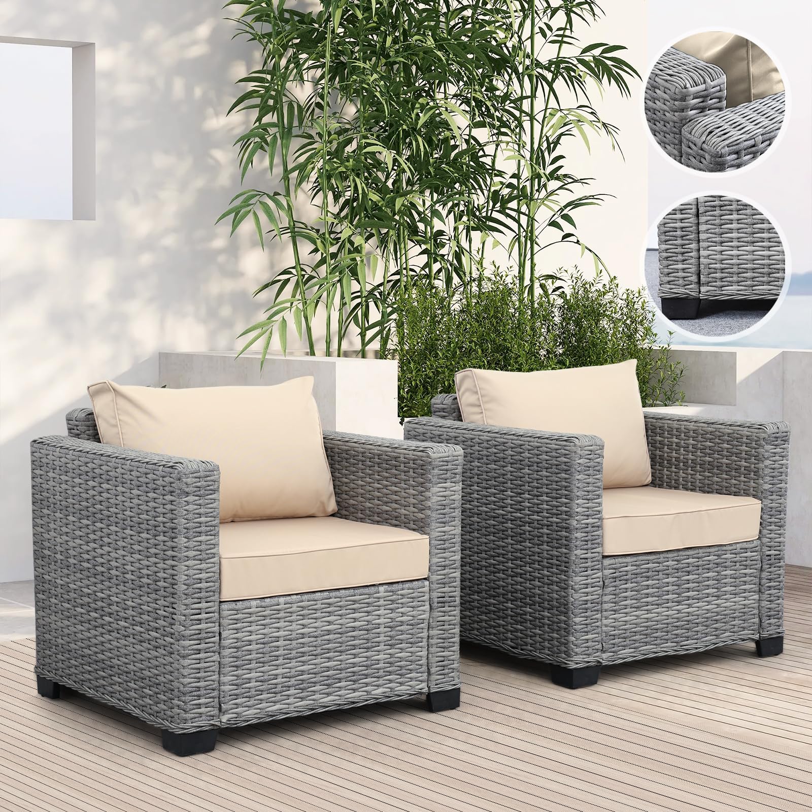 Premium Rattan Outdoor Club Chair Set of 2 - Waterproof Patio Sofa with Anti-Slip Cushions & Protective Cover - Khaki Wicker Lounge Chairs for Garden, Poolside, Deck & Backyard Relaxation