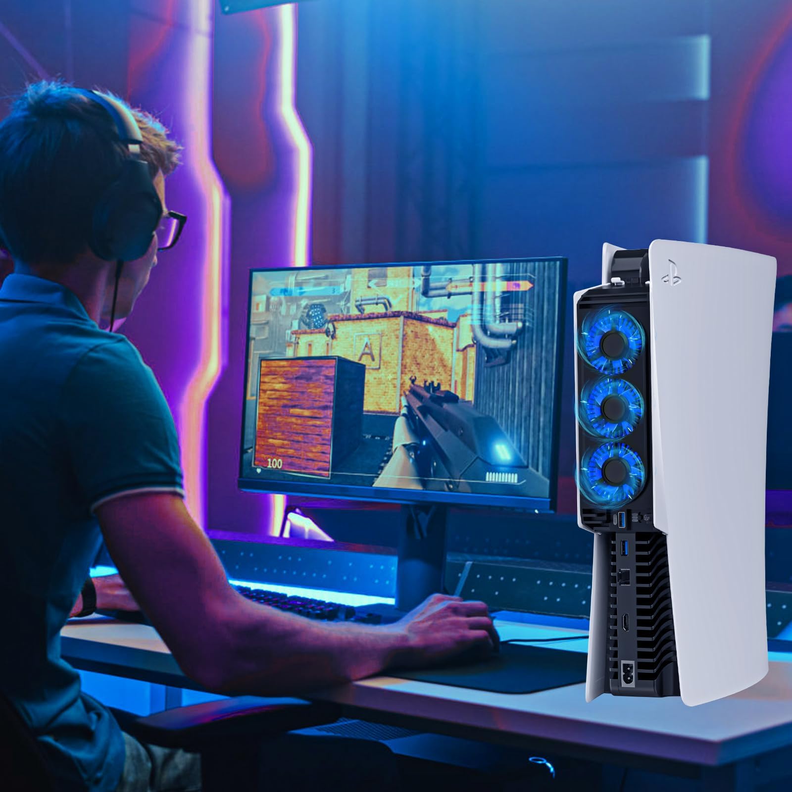 Upgraded PS5 Cooling Fan with LED Light & USB 3.0 Hubs - Quiet Horizontal Cooling System for PS5 Disc/Digital Edition - Perfect for Gaming Marathons & Console Protection