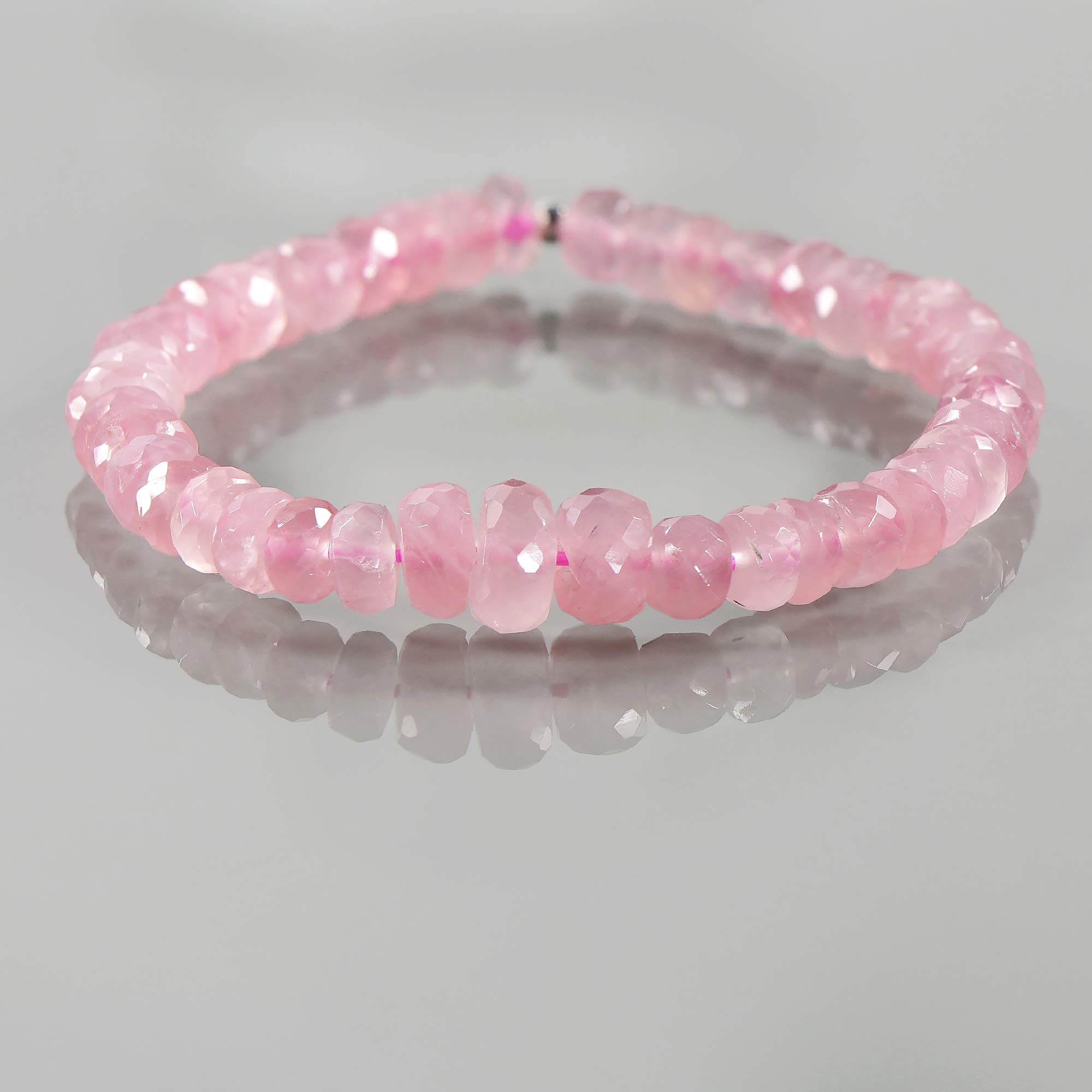 NirvanaIN Rose Quartz Stretch Bracelet - Handmade Healing Crystal Jewelry with Silver Accents, Pink Gemstone Stretchable Bracelet for Women, Perfect Gift for Her - Ideal for Meditation, Yoga & Positive Energy