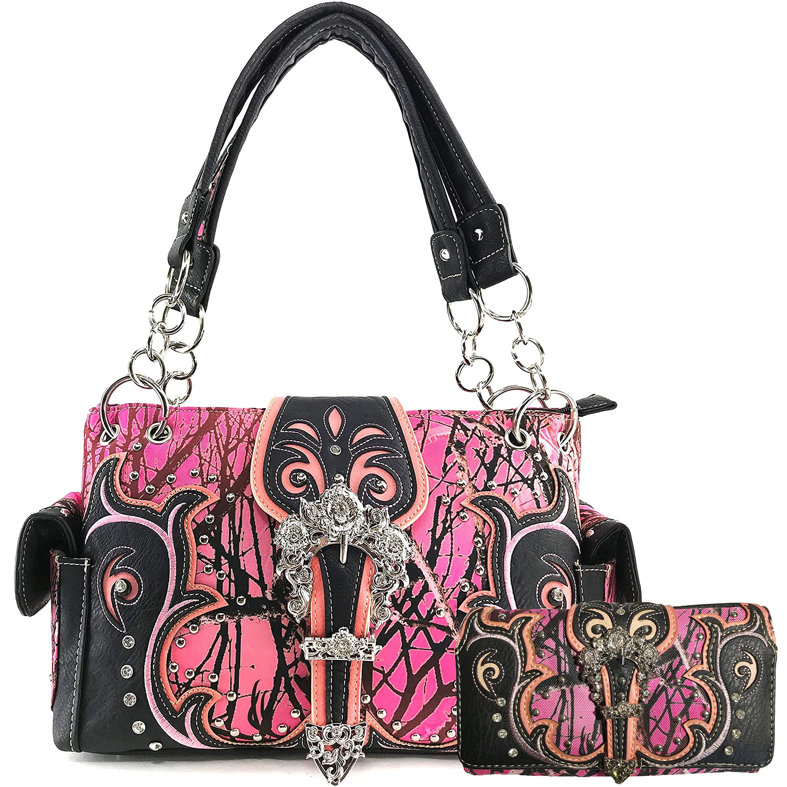 Zelris Camo Shine Glow Rose Buckle Concealed Carry Handbag & Wallet Set for Women | Tactical EDC Purse with Hidden Gun Pocket | Perfect for Outdoor, Travel and Everyday Use