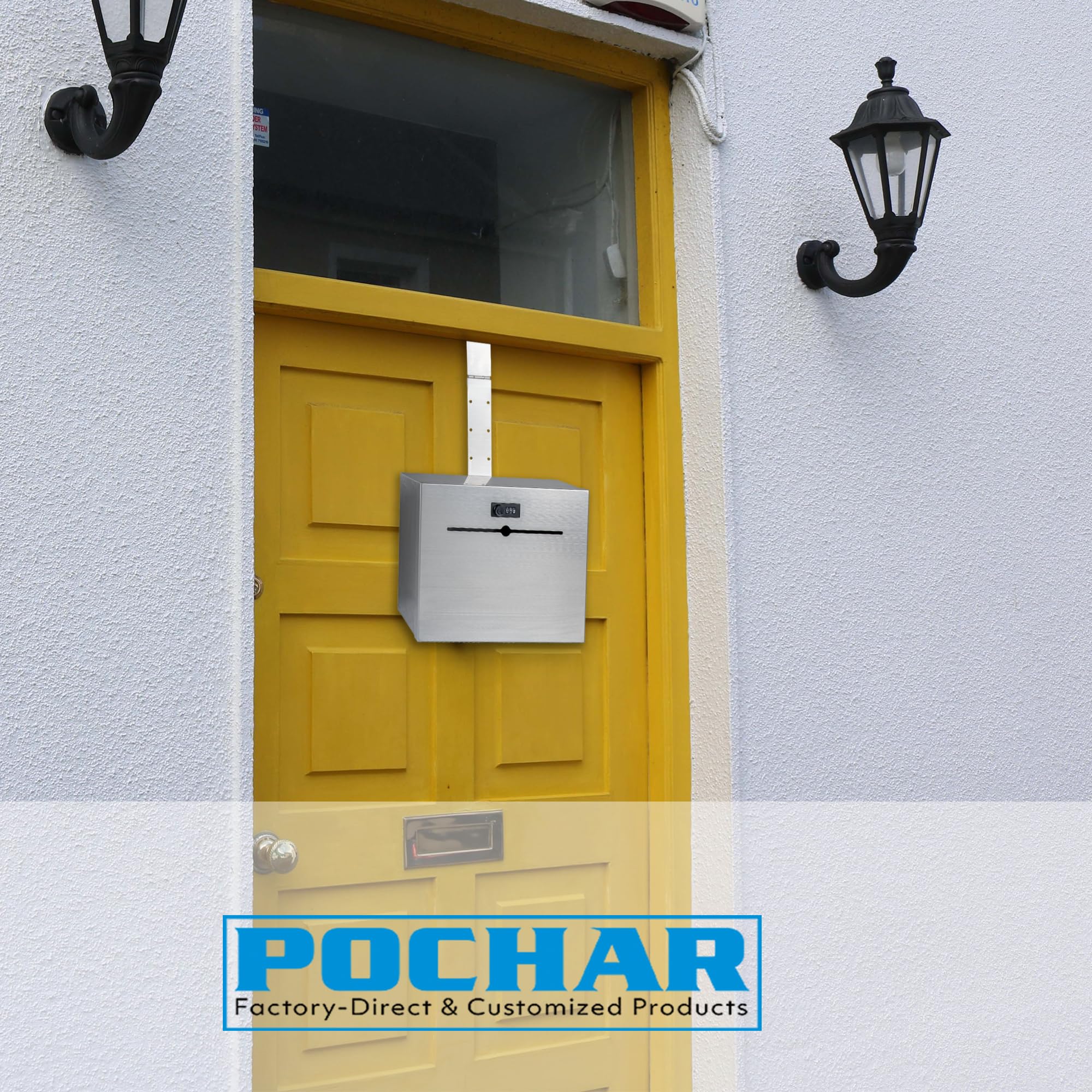 Pochar Over-the-Door Stainless Steel Drop Box - Secure Specimen Container, Payment & Key Drop Off, Night Deposit Box - Adjustable Height, Wall Mountable with Removable Hinge (Silver) - Ideal for Offices, Hospitals, Schools & Secure Package Delivery
