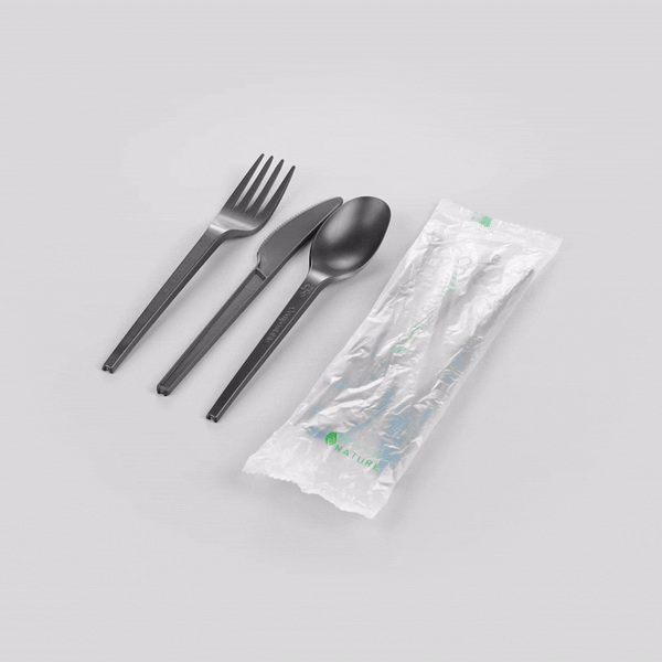Eco-Friendly Black CPLA Plastic Cutlery Set - 100-Piece Compostable Cutlery with Heat-Resistant Wrapper (6.5
