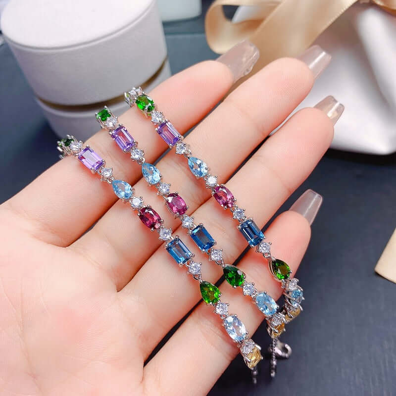 Amethyst Topaz Birthstone Bracelet & Peridot Chain Bracelet - Elegant Gemstone Jewelry for Women | Perfect for Birthday Gifts, Anniversary Presents & Everyday Wear | FME B085