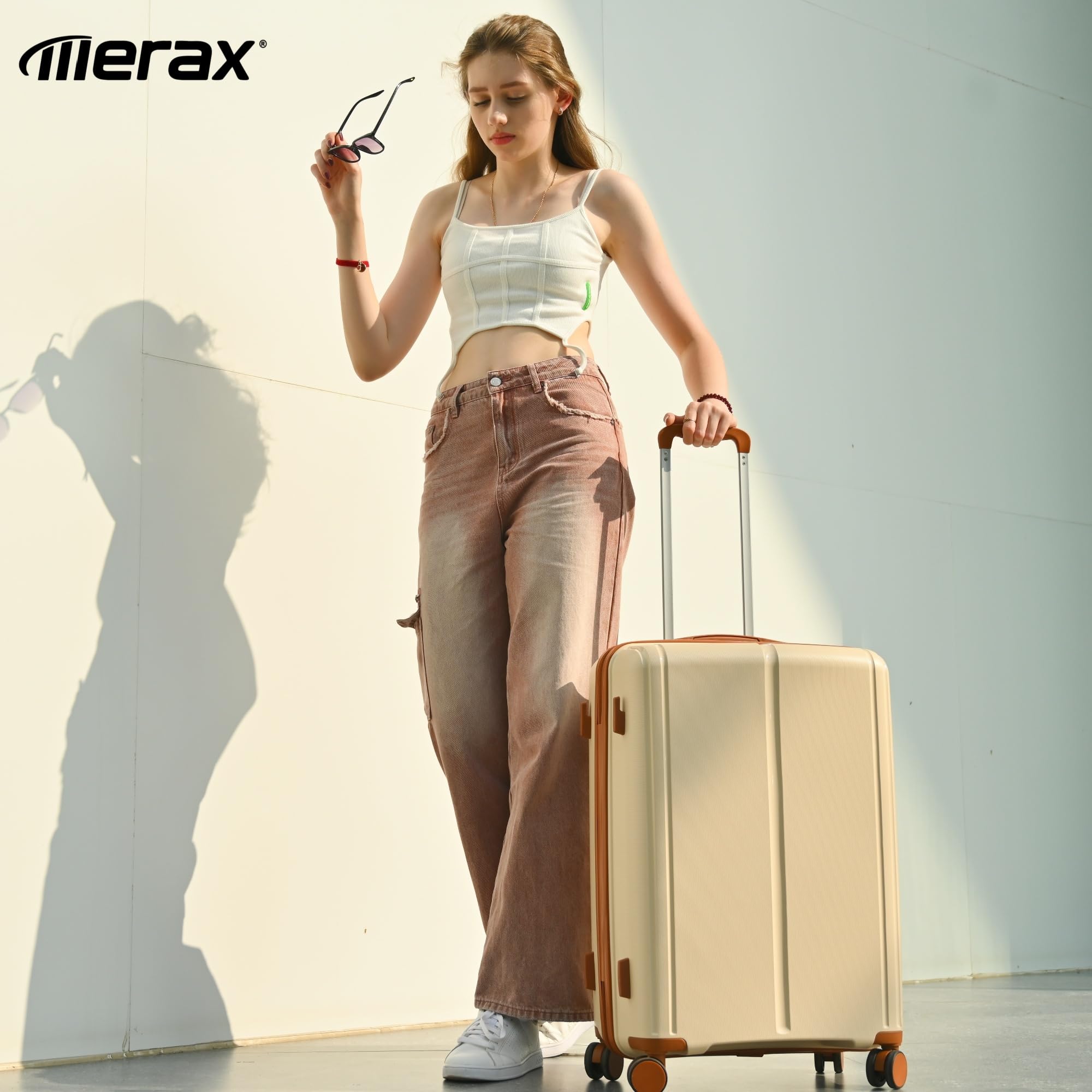 Merax 3-Piece Lightweight Luggage Set with USB Port, Spinner Wheels, Carry-On Suitcase (20/24/28 Inch) - Perfect for Travel, Business Trips & Vacations | Ivory & Brown PP Material