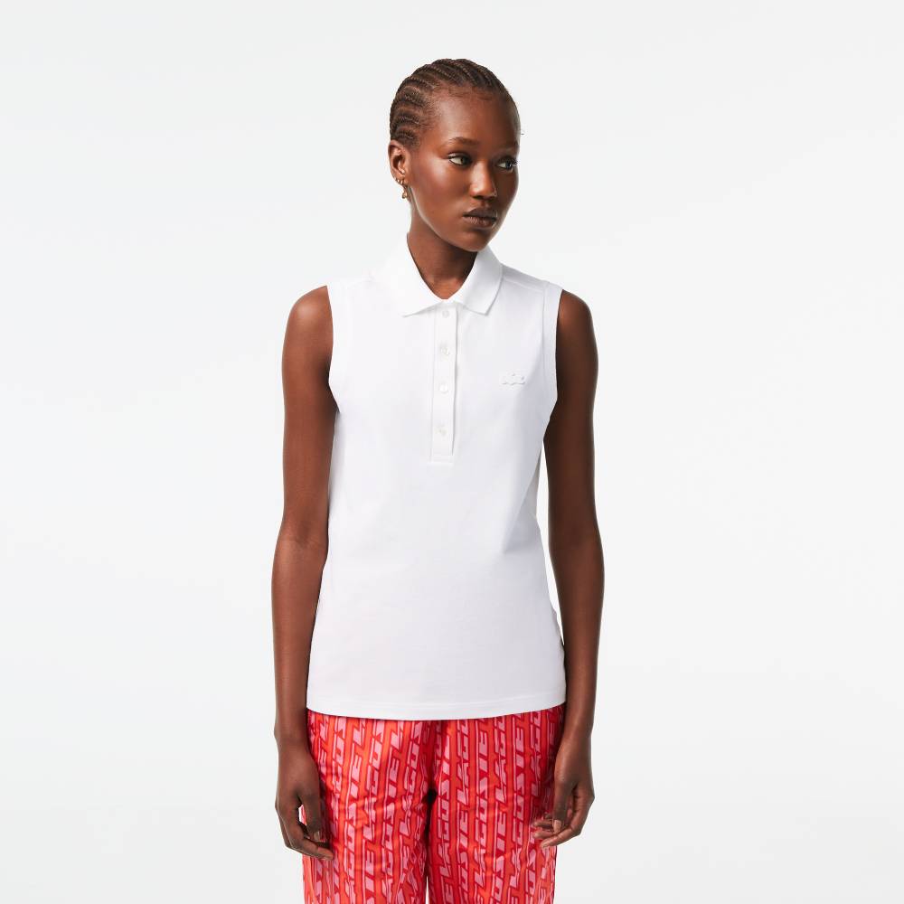 Lacoste Women's Slim Fit Sleeveless Cotton Pique Polo Tank Top - Breathable Summer Casual Wear for Golf, Tennis & Beach (White)