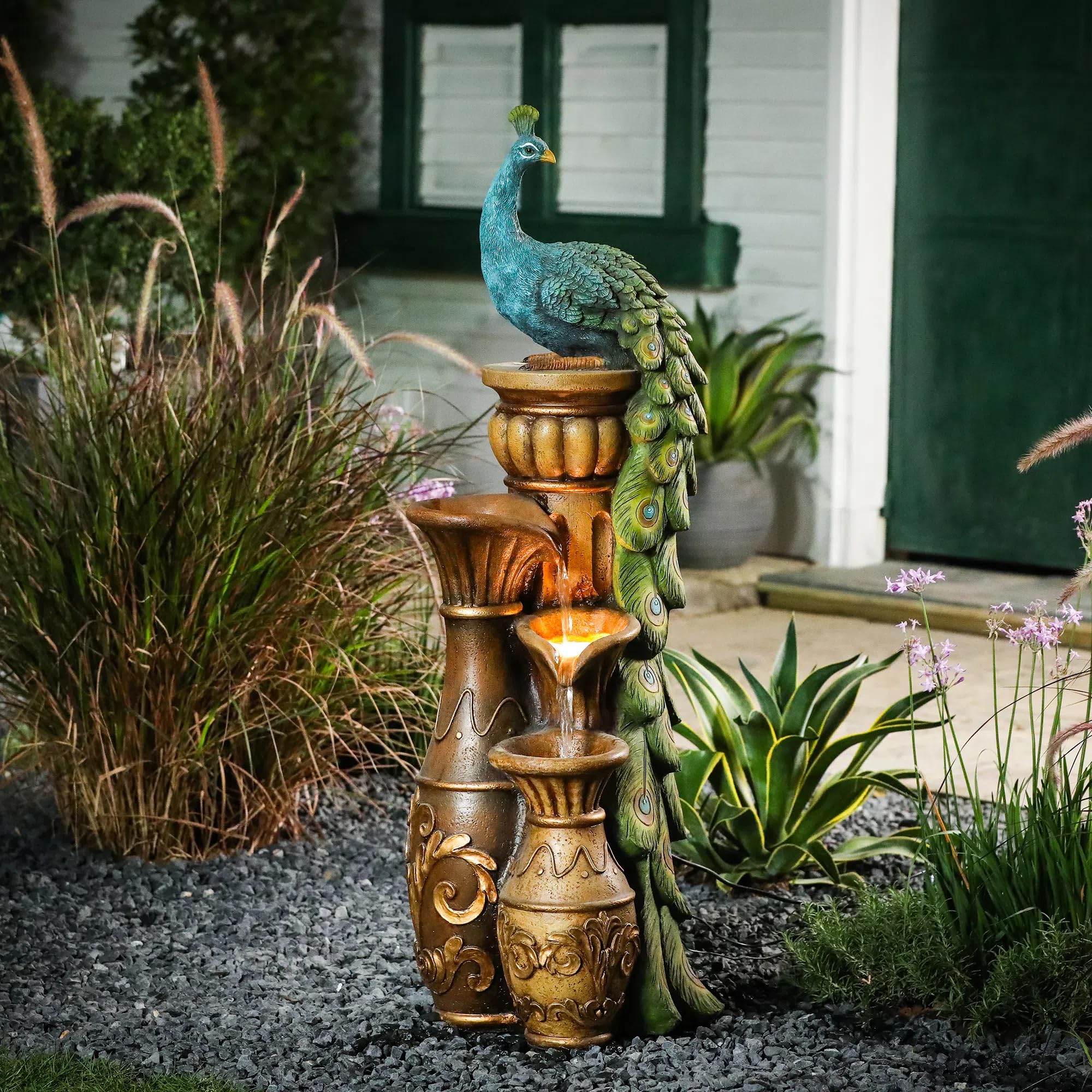 LuxenHome 44 Inch Resin Peacock Outdoor Water Fountain with Urns & LED Lights - Tall Garden Fountain, Patio Waterfall Decor in Brown/Teal - Perfect for Backyard, Lawn, and Outdoor Living Spaces