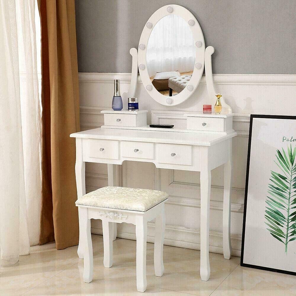 LAYUN Makeup Vanity Table with LED Lighted Oval Mirror & Touch Switch - 10 Dimmable Bulbs, Cushioned Stool & 5 Drawers - Perfect for Bedroom, Dressing Room & Beauty Salon Makeup Application
