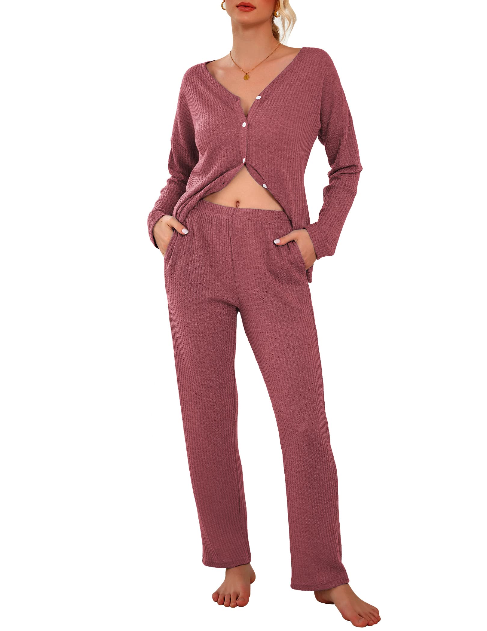 Ekouaer Women's Waffle Knit Pajama Set - Soft Button Down Sleepwear & Loungewear with Pockets | Cozy Two-Piece Pjs for Home, Sleep & Relaxation