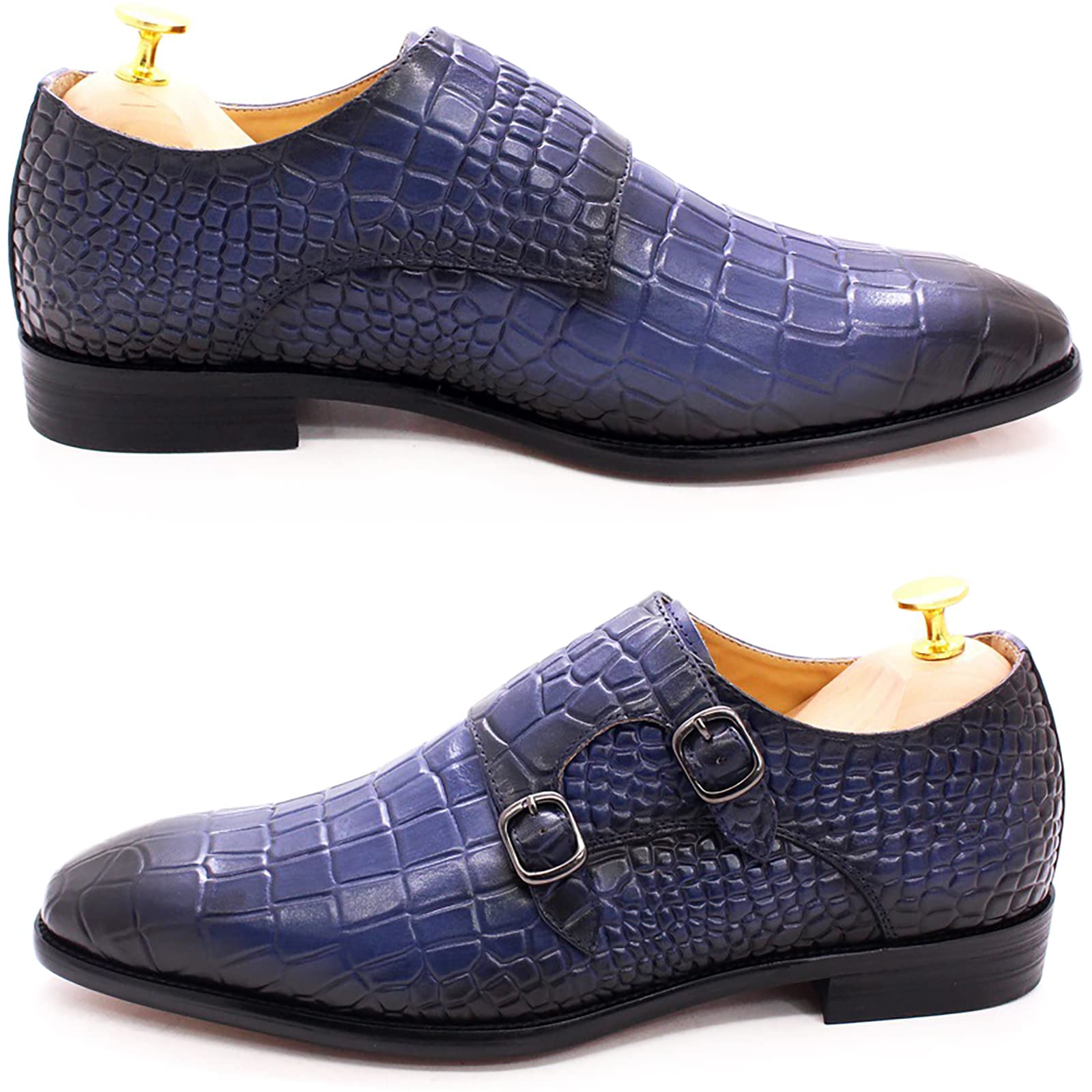 Men's Retro Italian Style Leather Loafers - Monk Buckle Strap Slip-On Dress Shoes for Office & Party | Comfortable Blue Leather Loafers for Business Casual & Formal Occasions - Size 41