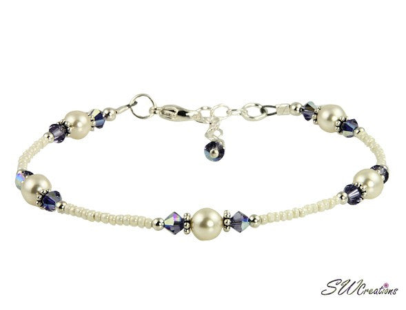 Tanzanite Cream Rose Crystal Pearl Anklet - Elegant Adjustable Ankle Bracelet for Women, Perfect for Beach Weddings, Summer Parties & Boho Fashion