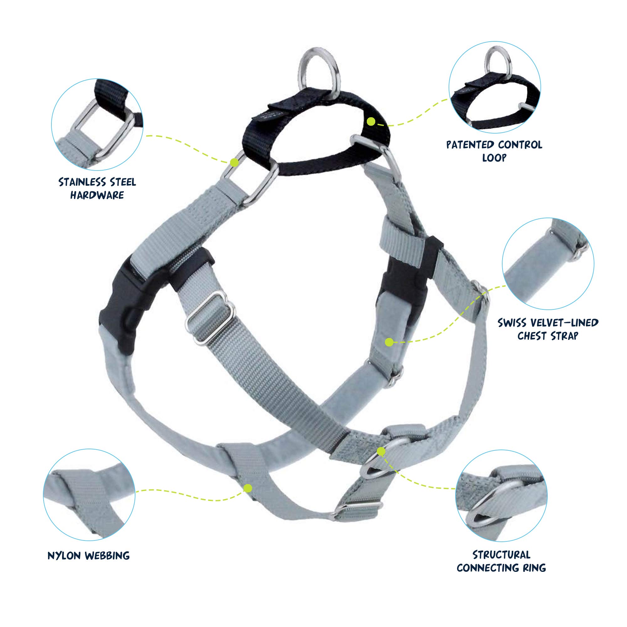 2 Hounds Design Freedom No Pull Dog Harness - Adjustable Pet Harness & Leash Set for Easy Walking & Comfortable Control - Fits Small, Medium & Large Dogs - USA Made Solid Color Silver 5/8