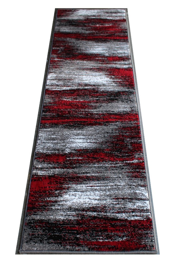Masada Modern Contemporary Runner Area Rug - Red Grey Black (2' x 7') - Non-Slip Hallway Carpet for Living Room, Bedroom & Entryway