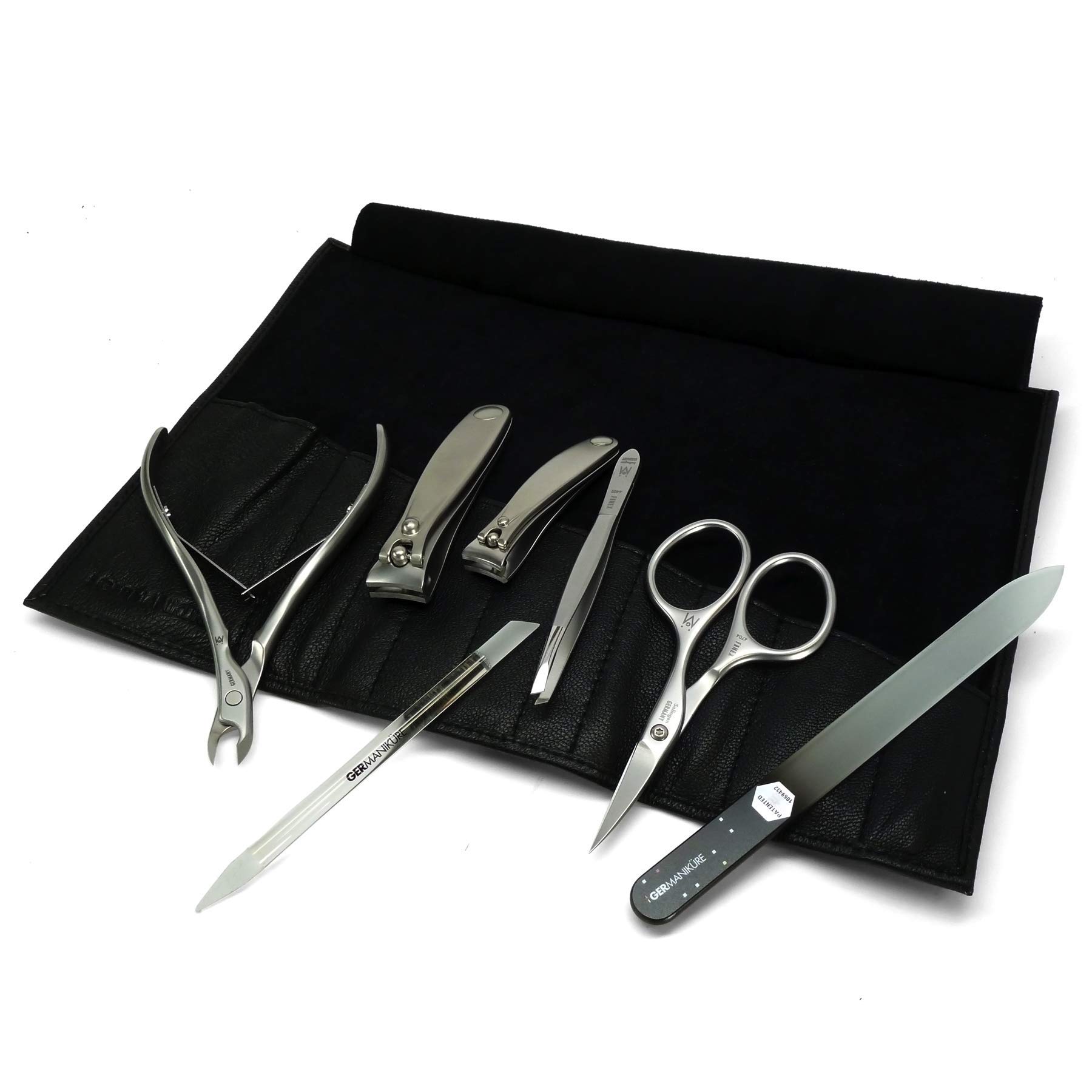Premium GERMANIKURE 7-Piece Professional Manicure Set - Stainless Steel Nail Tools & Czech Glass Files in Black Leather Case - Cuticle Trimmer, Nail Clippers, Manicure Kit for Home & Salon Use