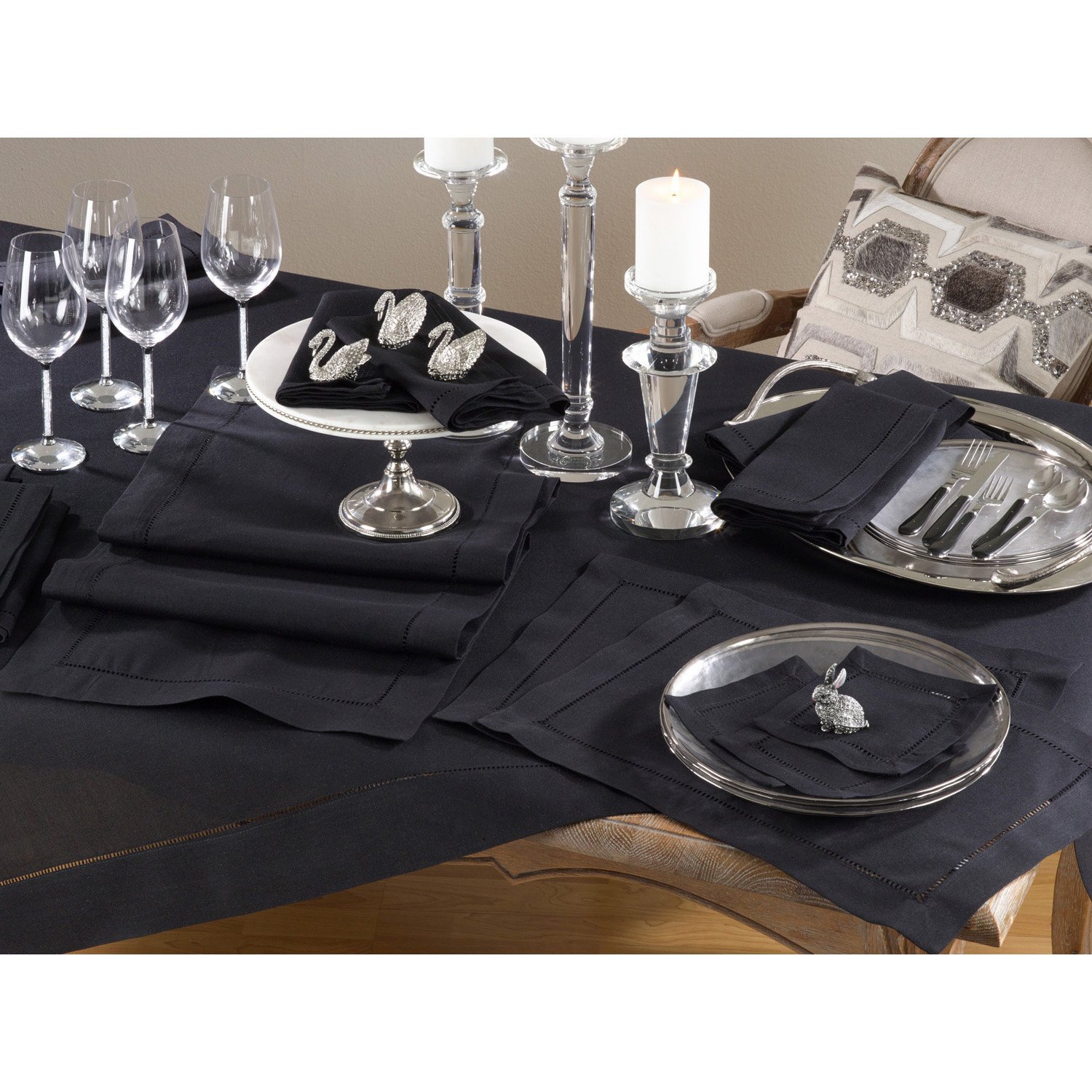 Premium Black Classic Hemstitched Polyester Placemats Set of 12 - 14
