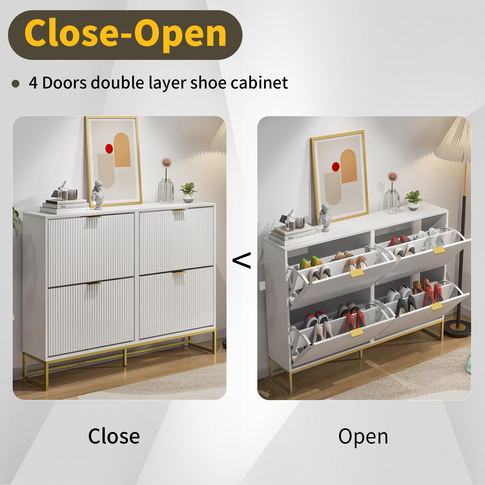 Modern Slim Shoe Cabinet Storage with 4 Flip Drawers - Freestanding Narrow Wooden Shoe Rack Organizer for Entryway & Living Room - Space-Saving Fluted Design (White) - Perfect for Small Apartments, Hallways & Closet Organization