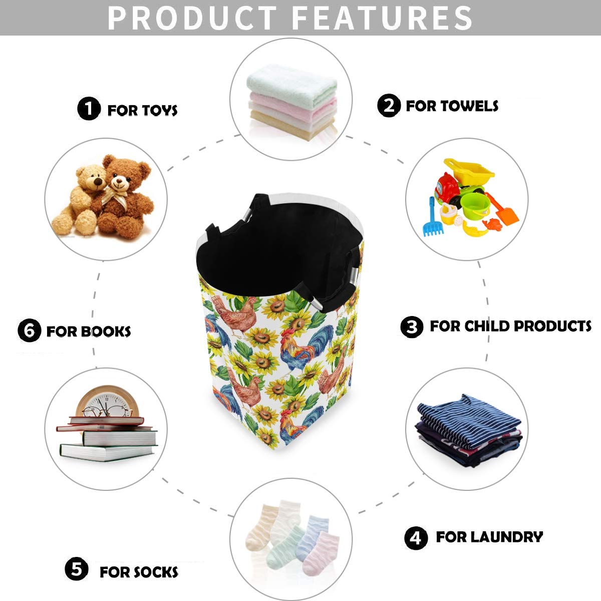 Visesunny Hen & Rooster Sunflower Large Collapsible Laundry Hamper - Foldable Portable Dirty Clothes Basket with Handles, Waterproof Oxford Fabric Washing Bin - Perfect for Home, Dorm, Travel & Camping