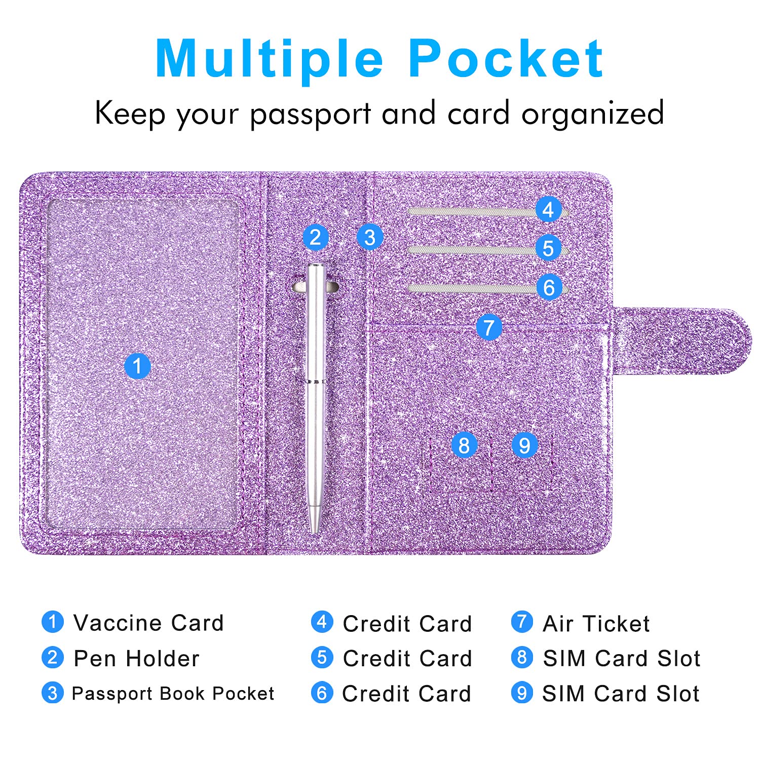 ACdream RFID Blocking Passport Holder & Vaccine Card Protector - Glitter Purple Faux Leather Wallet for Travel, ID & Credit Cards - Secure & Stylish Travel Accessory for Men & Women