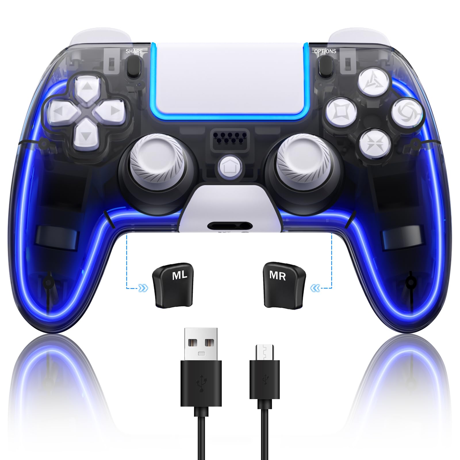 Wireless PS4 Controller with Hall Effect 3D Joystick & RGB Lighting - Customizable Buttons, Responsive Gamepad for Playstation 4 (Black/White) | Perfect for FPS, Racing & Action Games