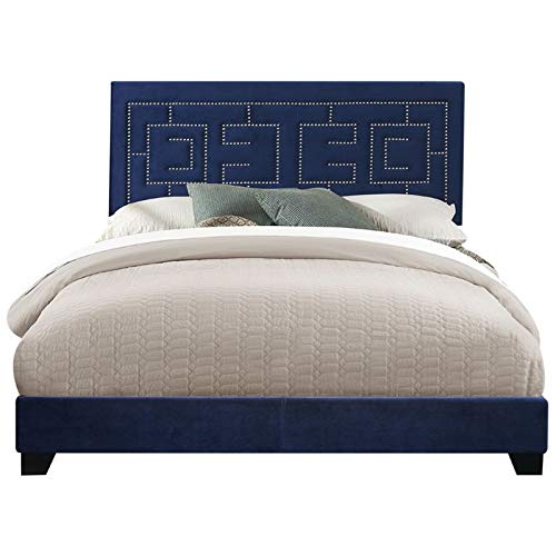 Acme Ishiko III Eastern King Size Bed Frame - Dark Blue Velvet Upholstered Headboard | Luxurious Bedroom Furniture for Master Suite & Guest Room