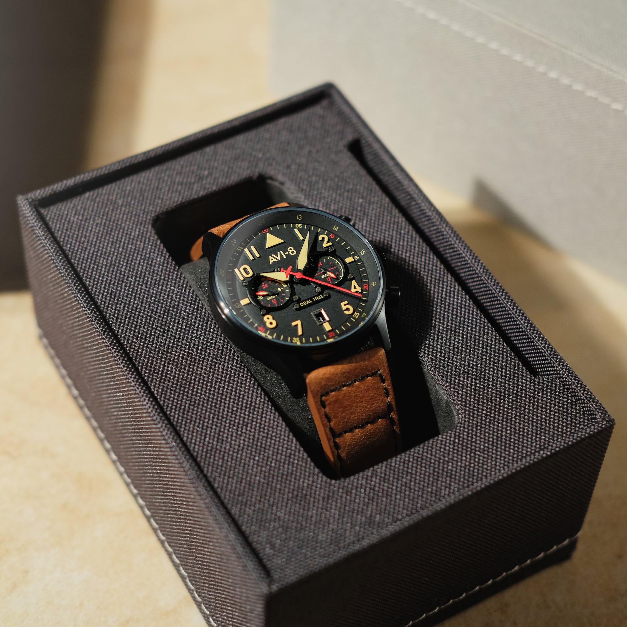 AVI-8 Men's 43.5mm Hawker Hurricane Carey Dual Time Japanese Quartz Pilot Watch with Leather or Stainless Steel Strap AV-4088 - Perfect for Aviation Enthusiasts, Business Travel & Everyday Wear