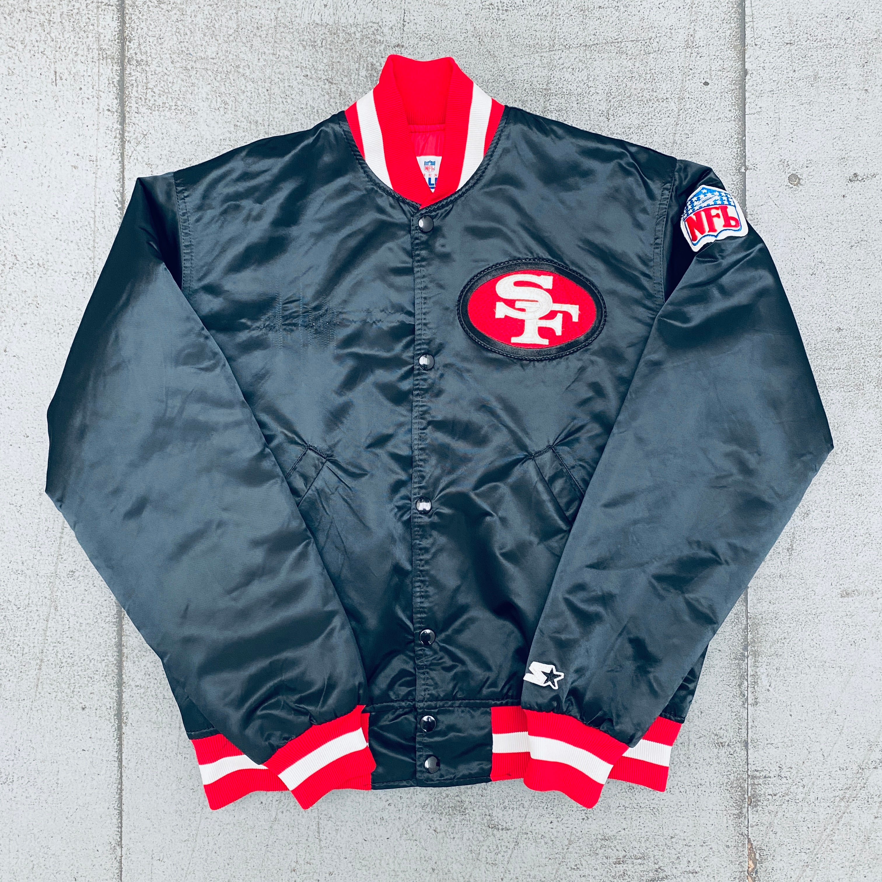 Vintage 1980s San Francisco 49ers Blackout Satin Reverse Spellout Proline Starter Bomber Jacket (Medium) - Perfect for NFL Fans, Retro Sports Fashion & Game Day Outfits