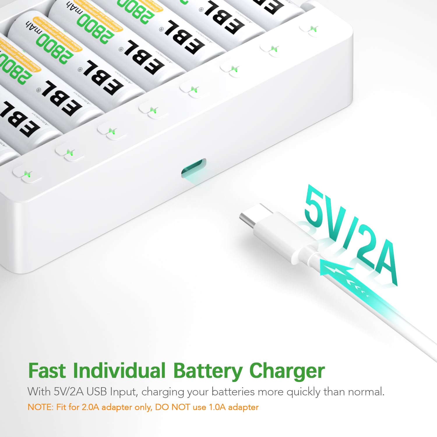 EBL 2800mAh Rechargeable AA Batteries (8-Pack) with 8-Bay Fast Charger for AA/AAA Ni-MH Ni-CD - Perfect for Digital Cameras, Game Controllers & Household Electronics