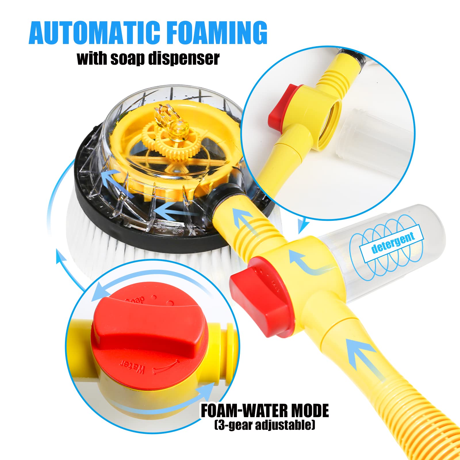 Rotating Car Wash Brush with Long Handle - Auto Foaming Car Wash Kit, Pressure Washer Gun & Hose Nozzle for Cars, Trucks, Pets, Yards & Gardens | Perfect for Home Car Washing, Driveway Cleaning & Pet Grooming