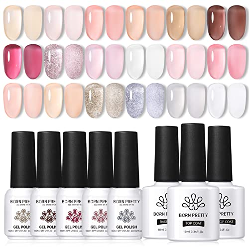 Born Pretty Jelly Gel Nail Polish Set - Sheer Clear Nude Pink & Crystal Transparent Translucent Colors with Glossy Matte Top Coat & Base Coat for DIY Manicure | Valentine's Day Gift, Home Spa, Nail Salon Professional Use